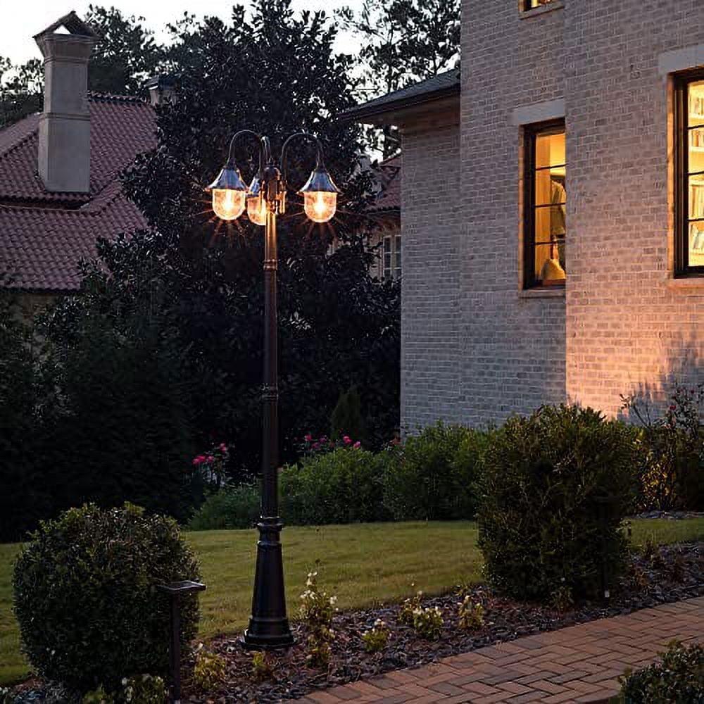 Gama Sonic Orion Outdoor Solar Lamp Post Light Kit, Triple Black Resin Industrial Style Downlight Lamp, Cast Aluminum Light Pole with Warm White Light 2700K, 123BM50003