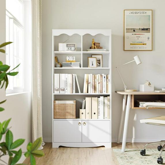 5-Tier White Bookcase, 63 Inch Tall Bookshelf with Open Storage Shelves & Doors, Modern Wooden Floor Standing Display Storage Shelves