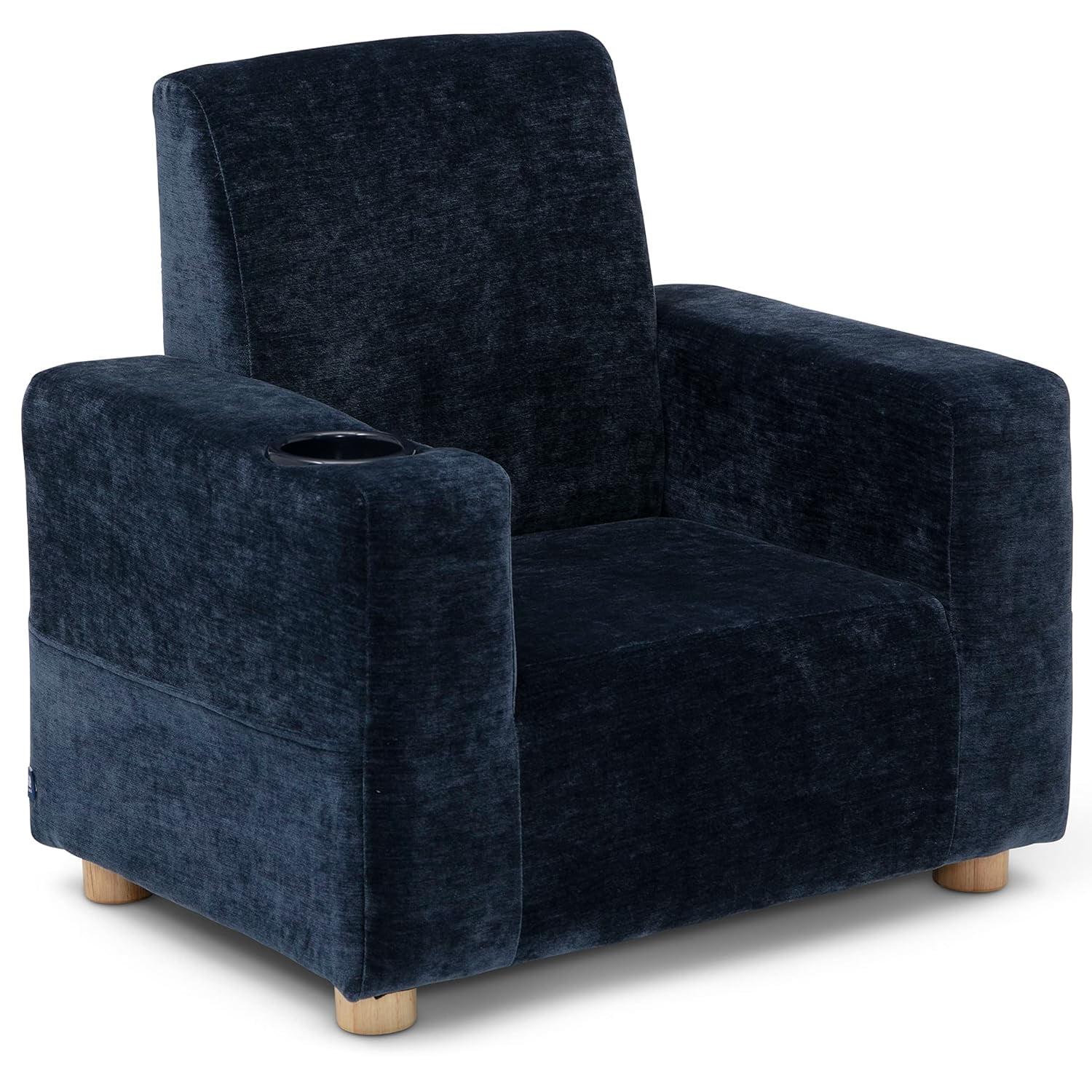 Navy Velour Upholstered Kids Chair with Cup Holder