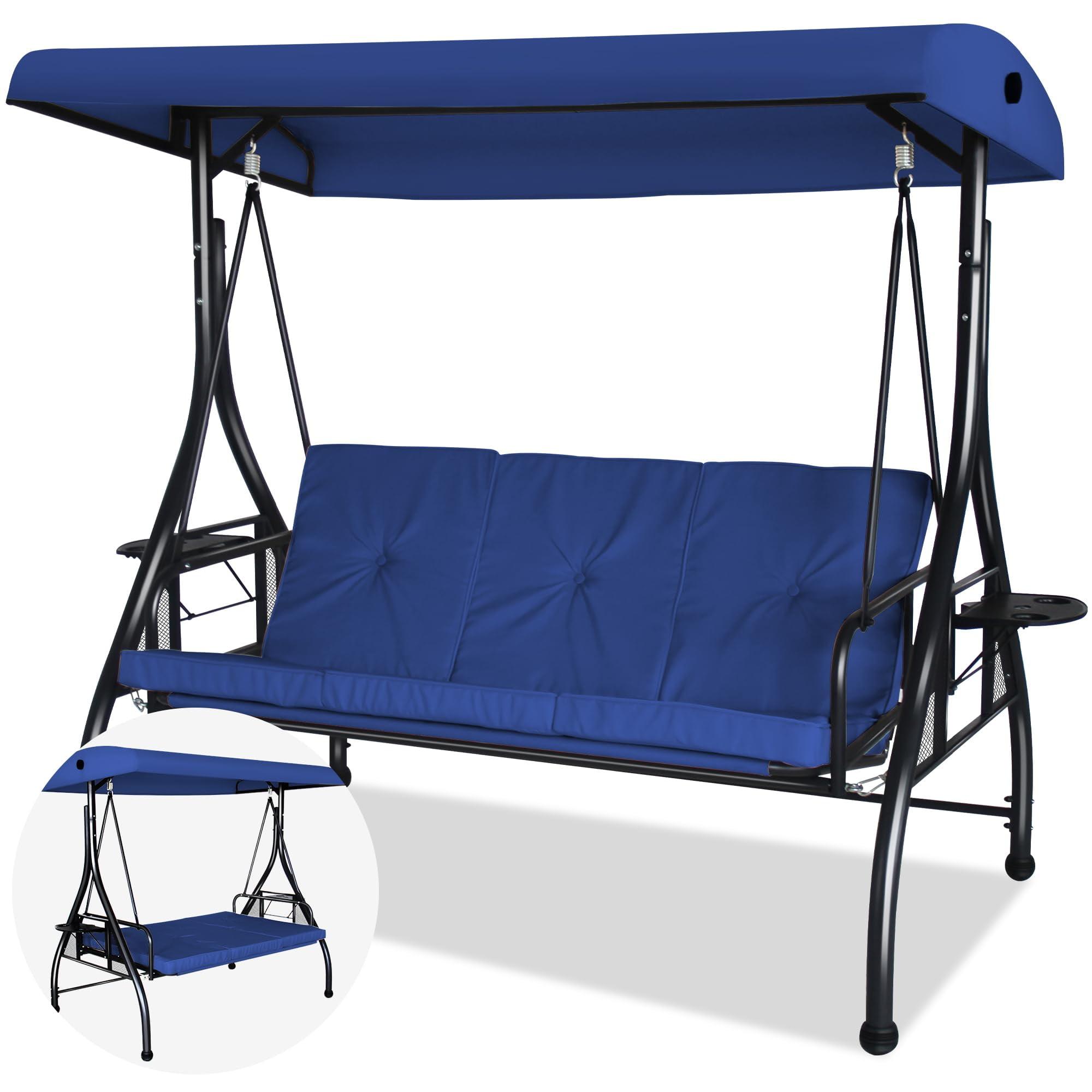 GARTOOO 3-Seat Outdoor Large Porch Swing with Converting Canopy,Patio Hammock Lounge Swing Chair,Adjustable Shade & Removable Cushions