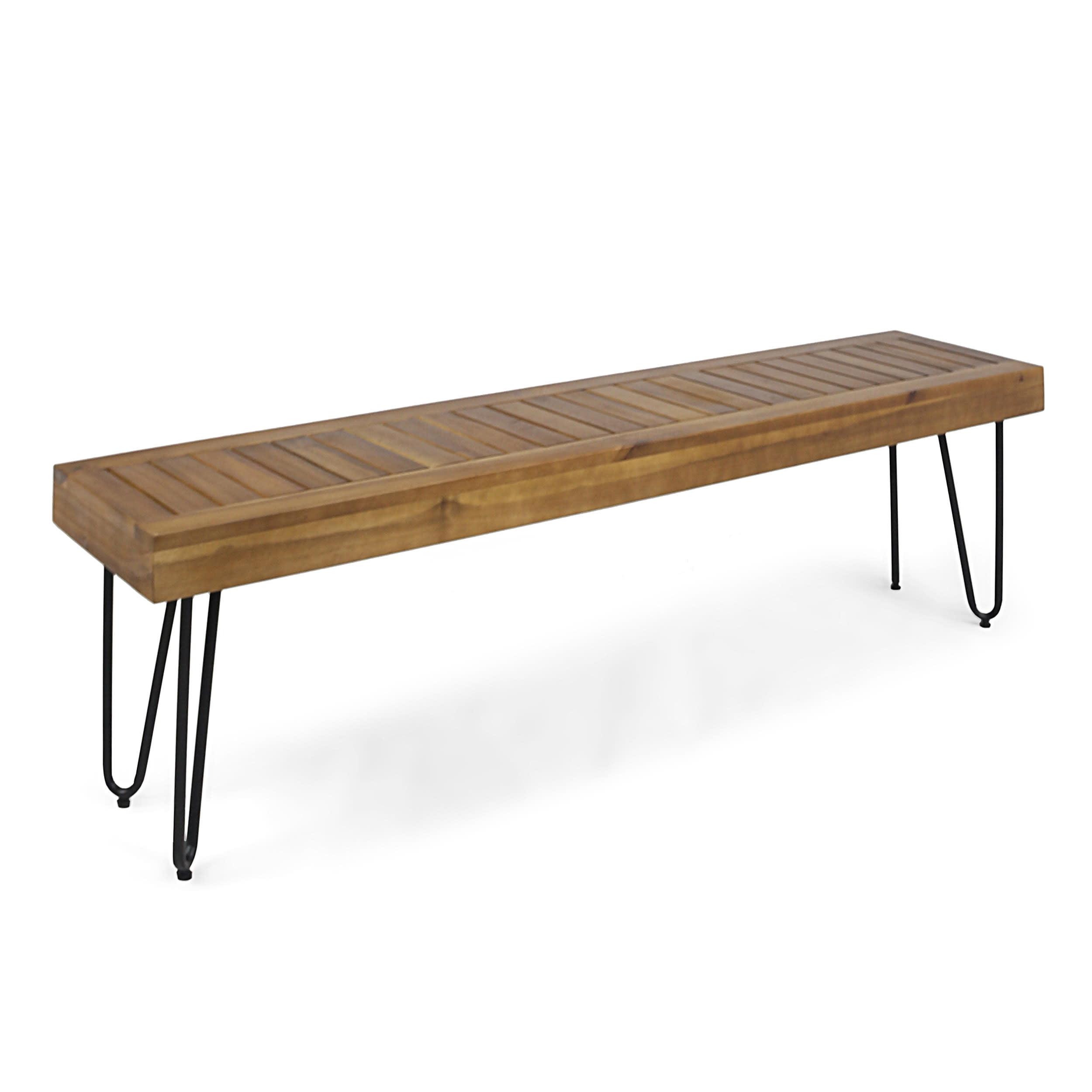 Acacia Wood and Black Metal Hairpin Outdoor Bench - Teak Finish