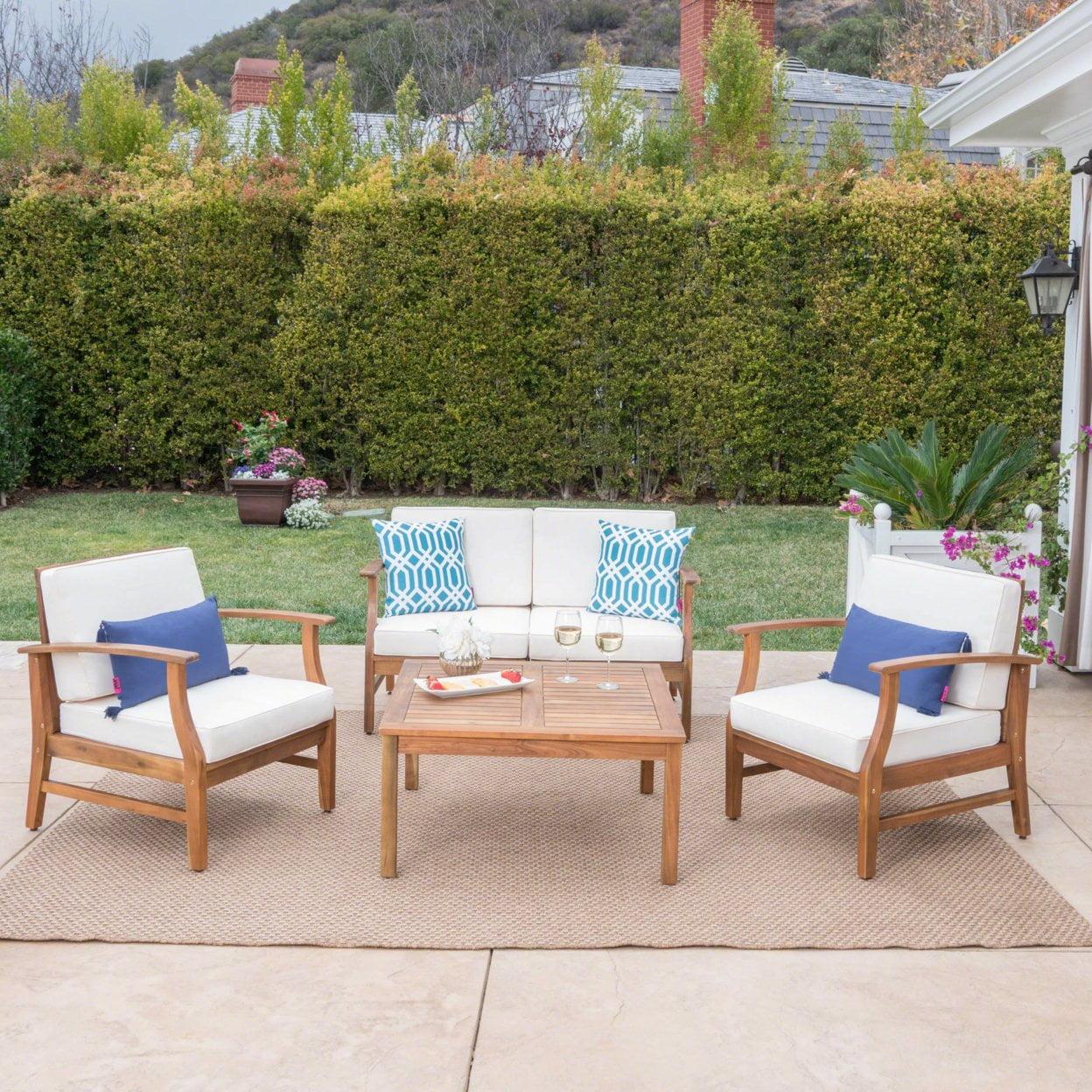 GDFStudio Abena Outdoor Acacia Wood 4 Seater Chat Set with Cushions, Teak and Cream