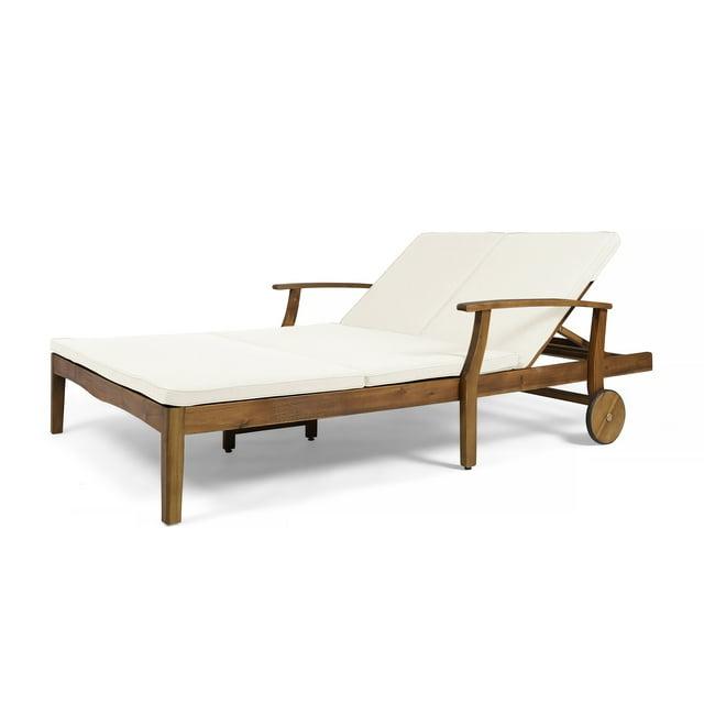 Perla Acacia Wood Double Chaise Lounge Teak/Cream: Patio Daybed with Weather-Resistant Cushions - Christopher Knight Home