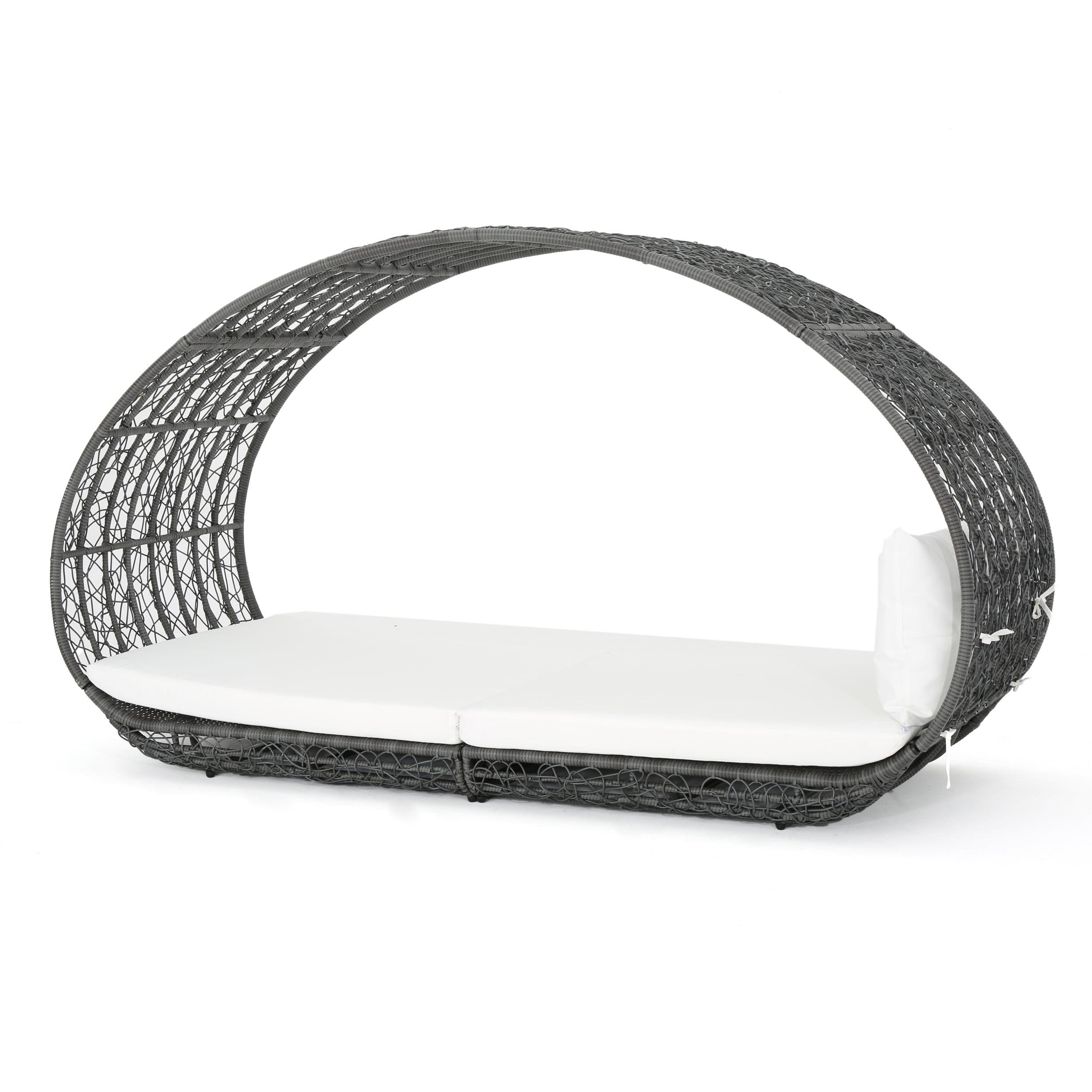 Gray and White Aluminum Wicker Outdoor Daybed with Cushions