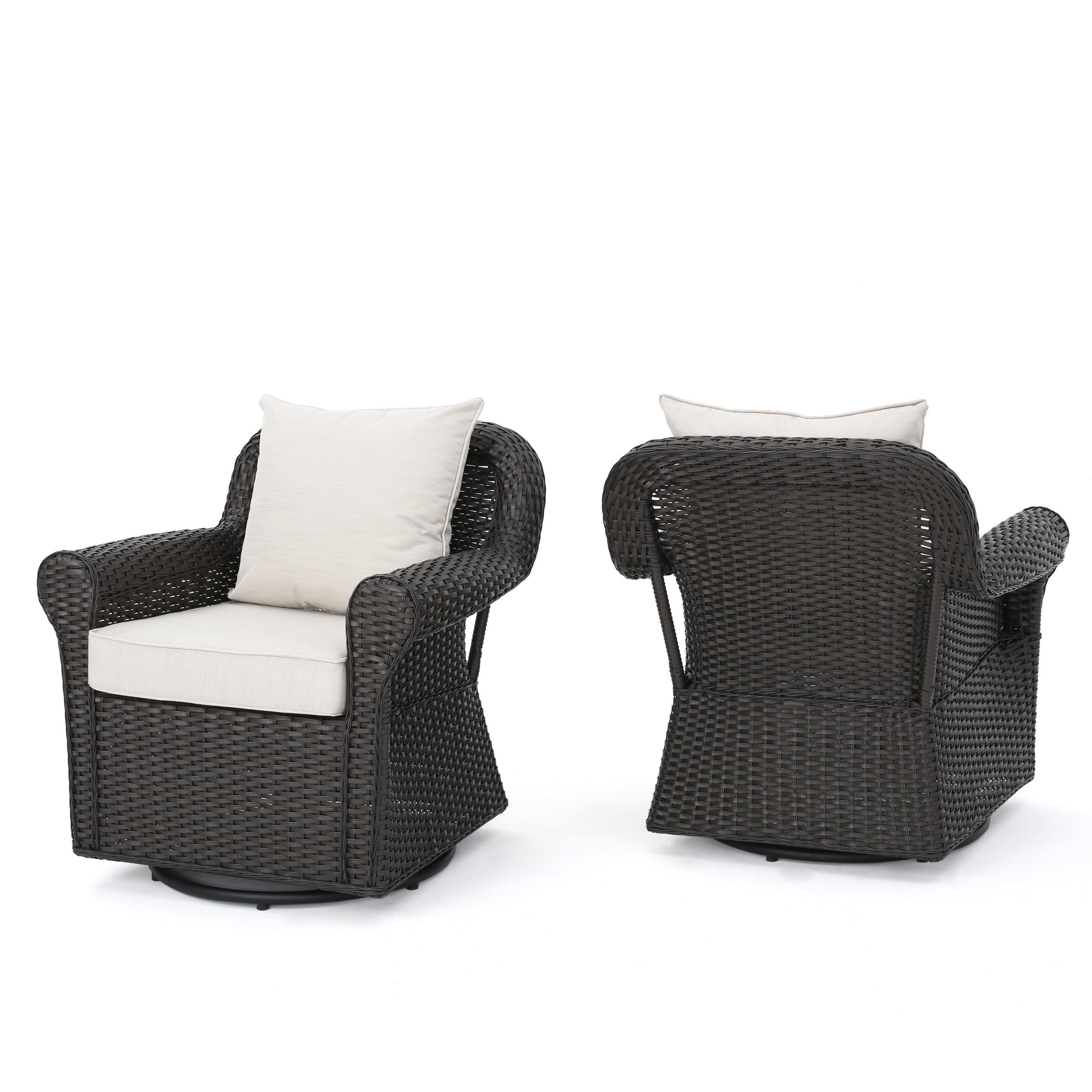 Amaya Dark Brown Wicker Swivel Rocking Chair with Beige Cushions