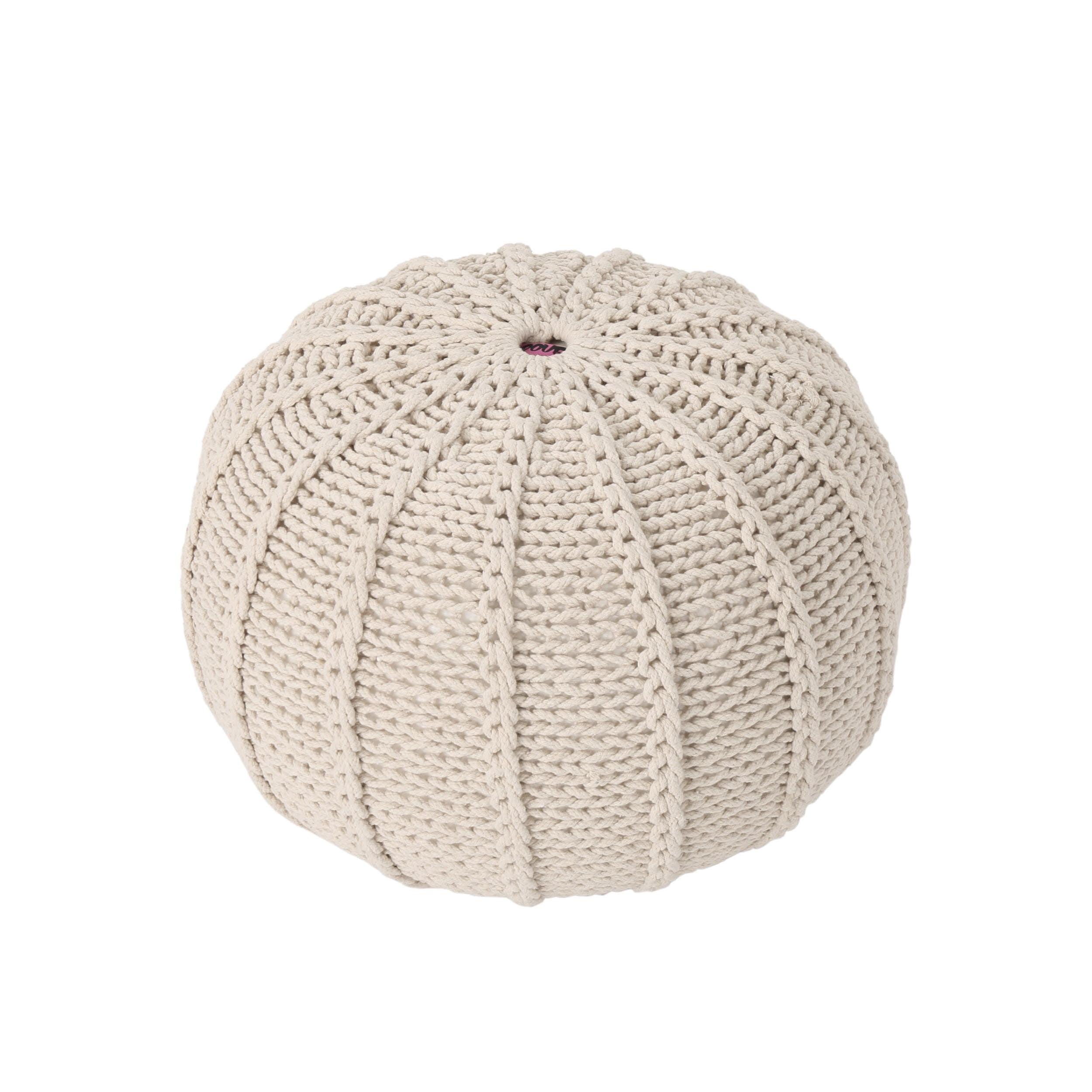 Beige Cotton Knitted Round Pouf