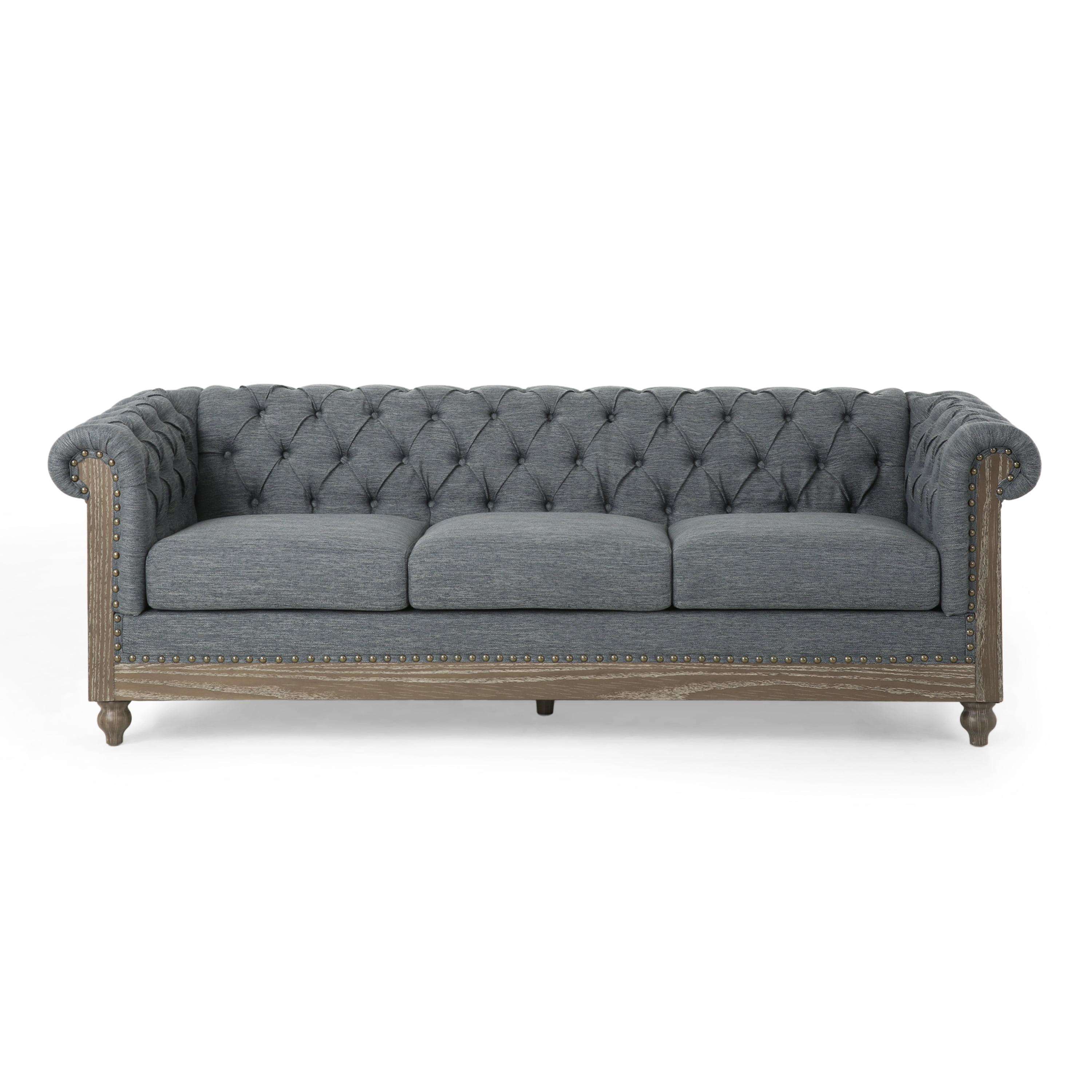 Saragus Chesterfield Tufted 3 Seater Sofa with Nailhead Trim Charcoal/Dark Brown - Christopher Knight Home