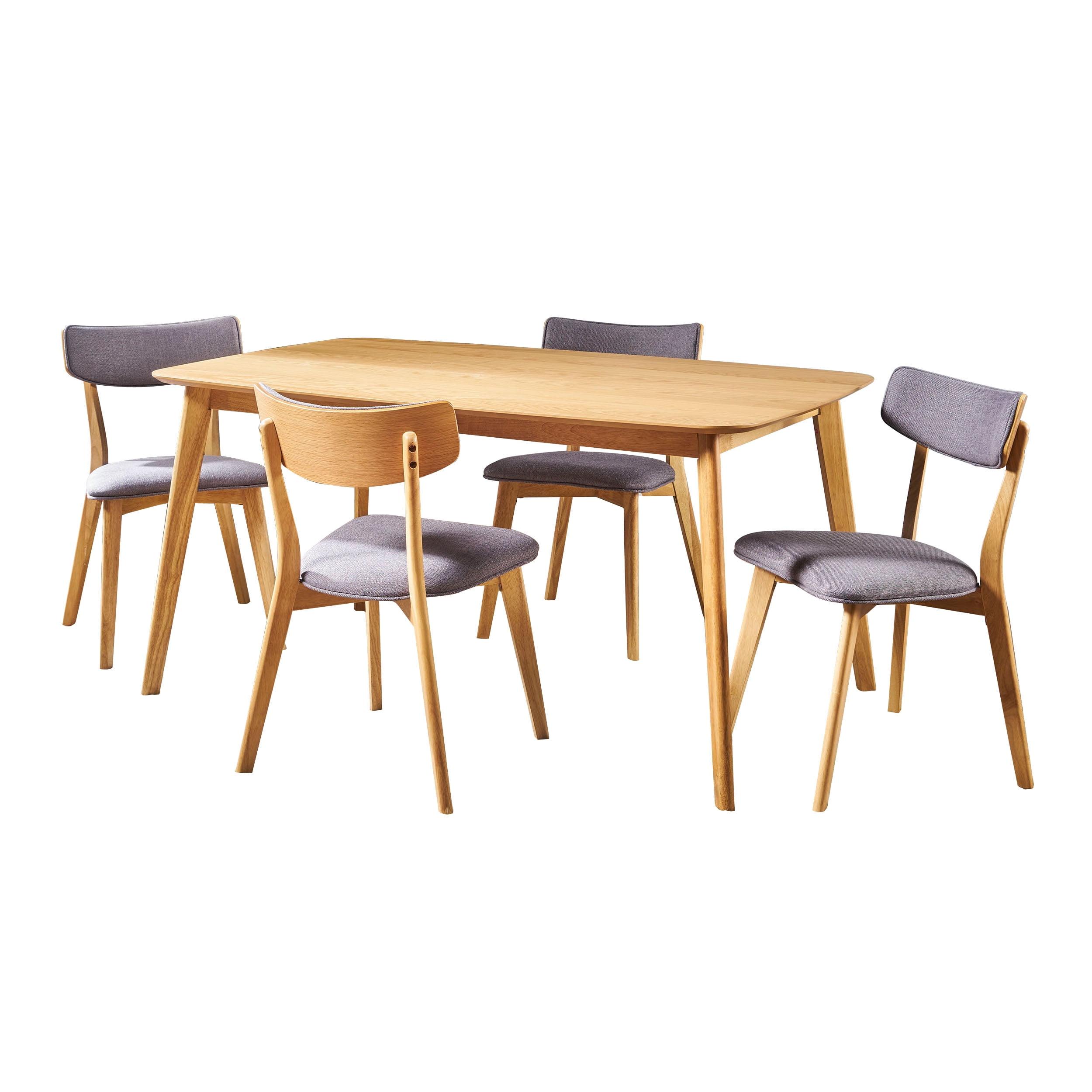 Aman Mid-Century 5-Piece Dining Set in Natural Oak with Dark Grey Fabric Chairs