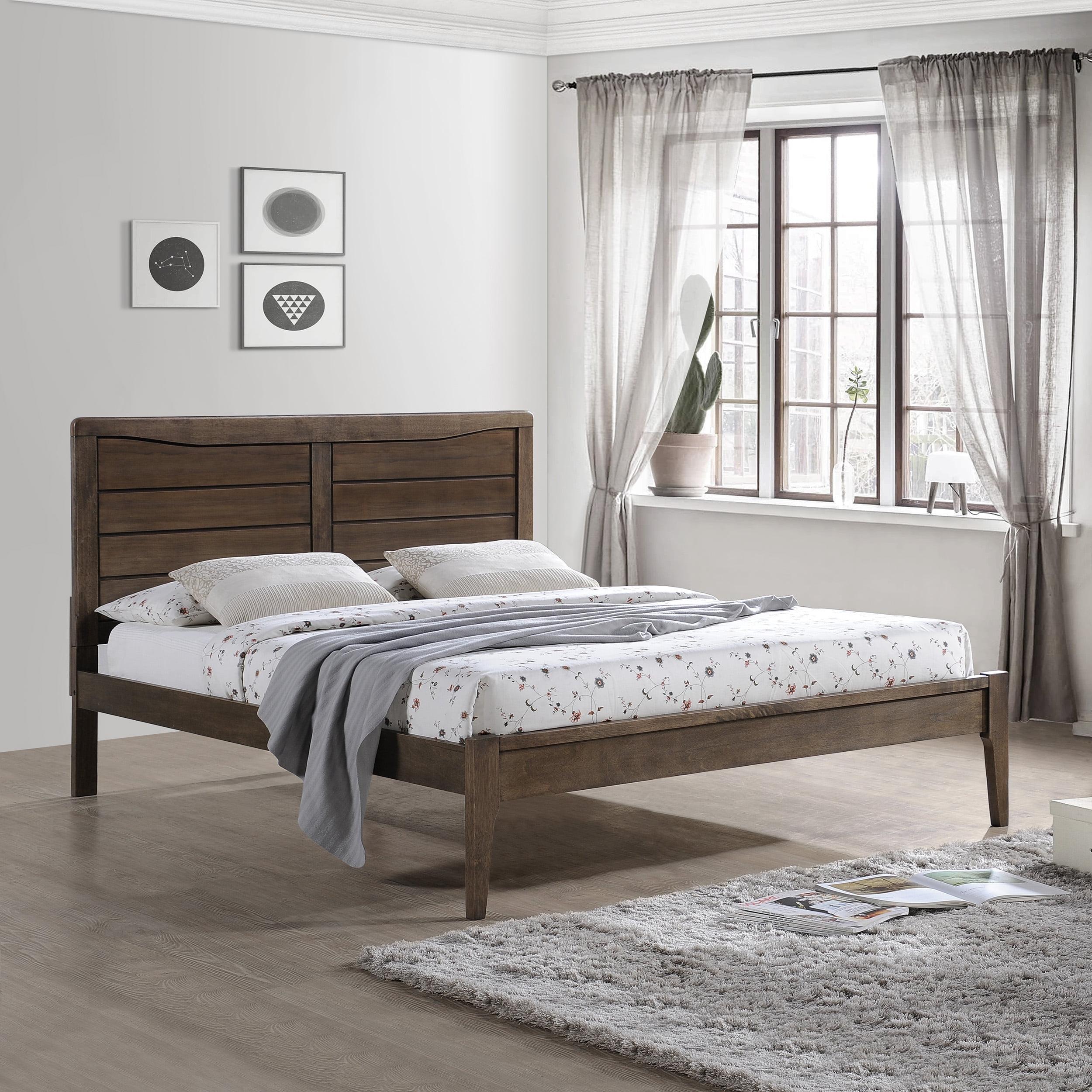 Rustic Oak Queen Platform Bed with Upholstered Headboard