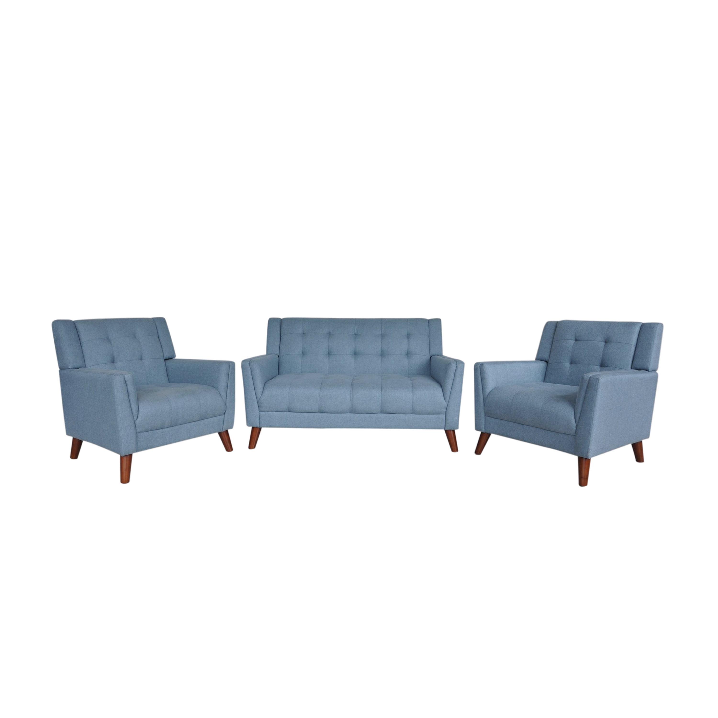 Evelyn Blue and Walnut Mid-Century Modern Arm Chair and Loveseat Set