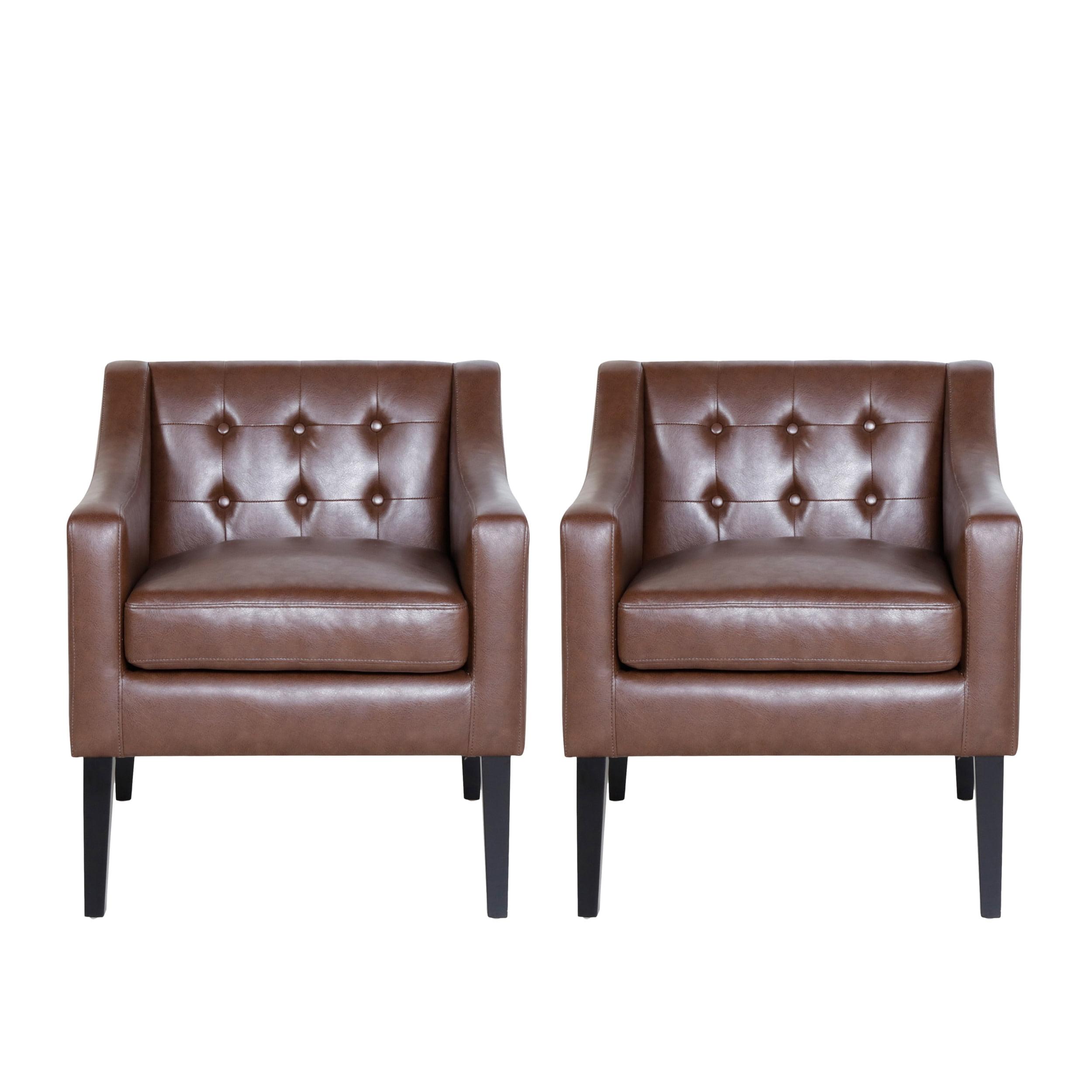 Dark Brown Faux Leather Club Chairs with Wood Frame, Set of 2