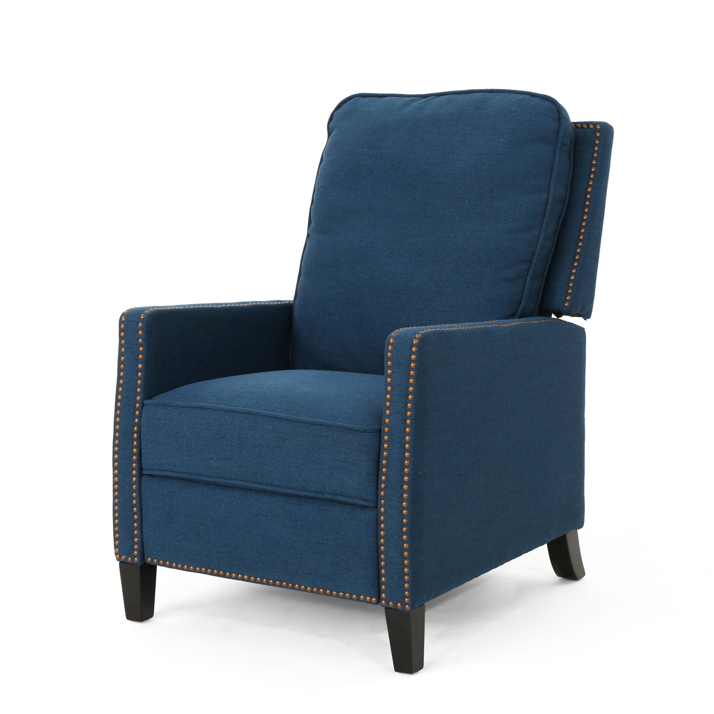 Handcrafted Navy Blue Wood Pushback Recliner with Nailhead Trim