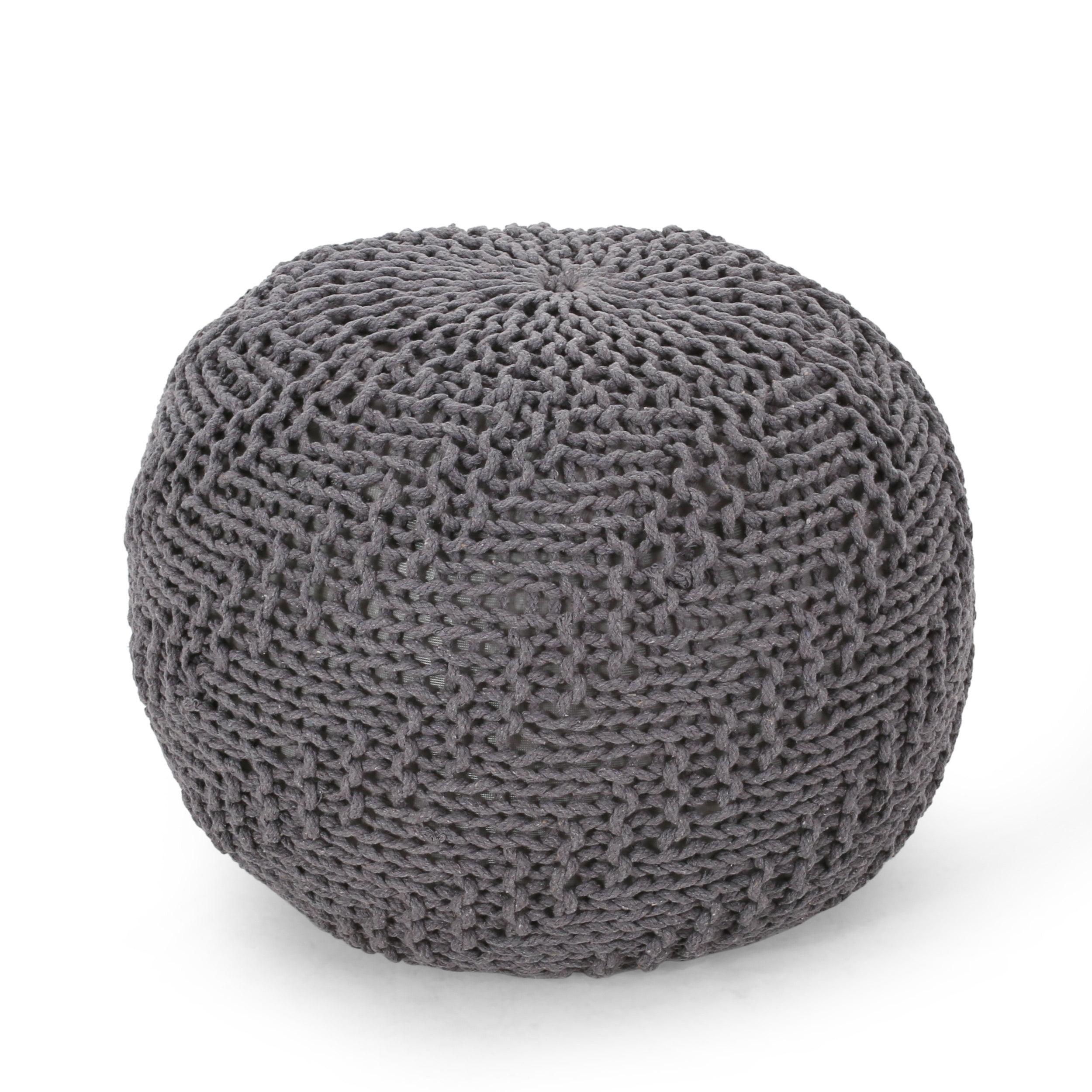 GDF Studio Ashbury Outdoor Modern Handmade Cotton Knit Round Pouf, Dark Gray