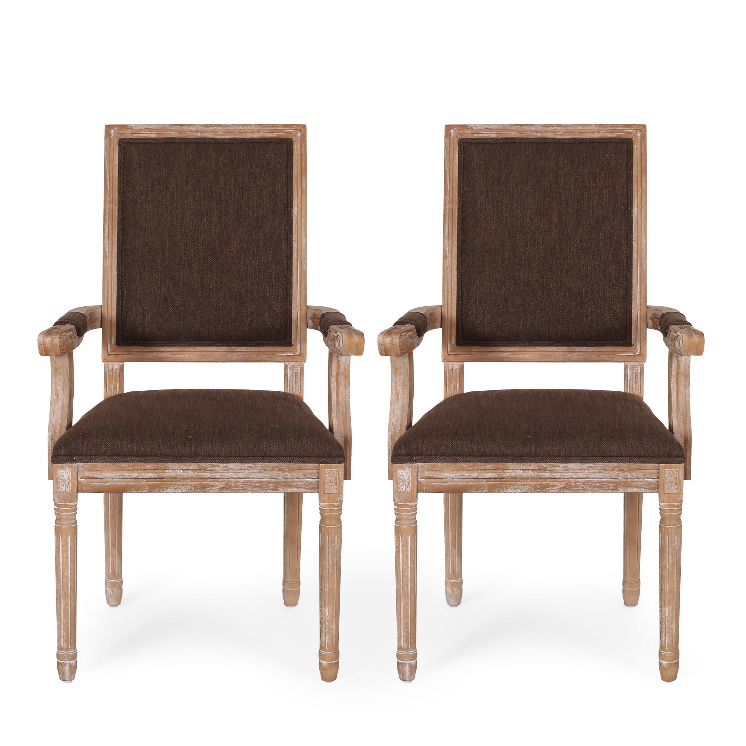 French Country Brown Upholstered Arm Chairs with Natural Wood Frame