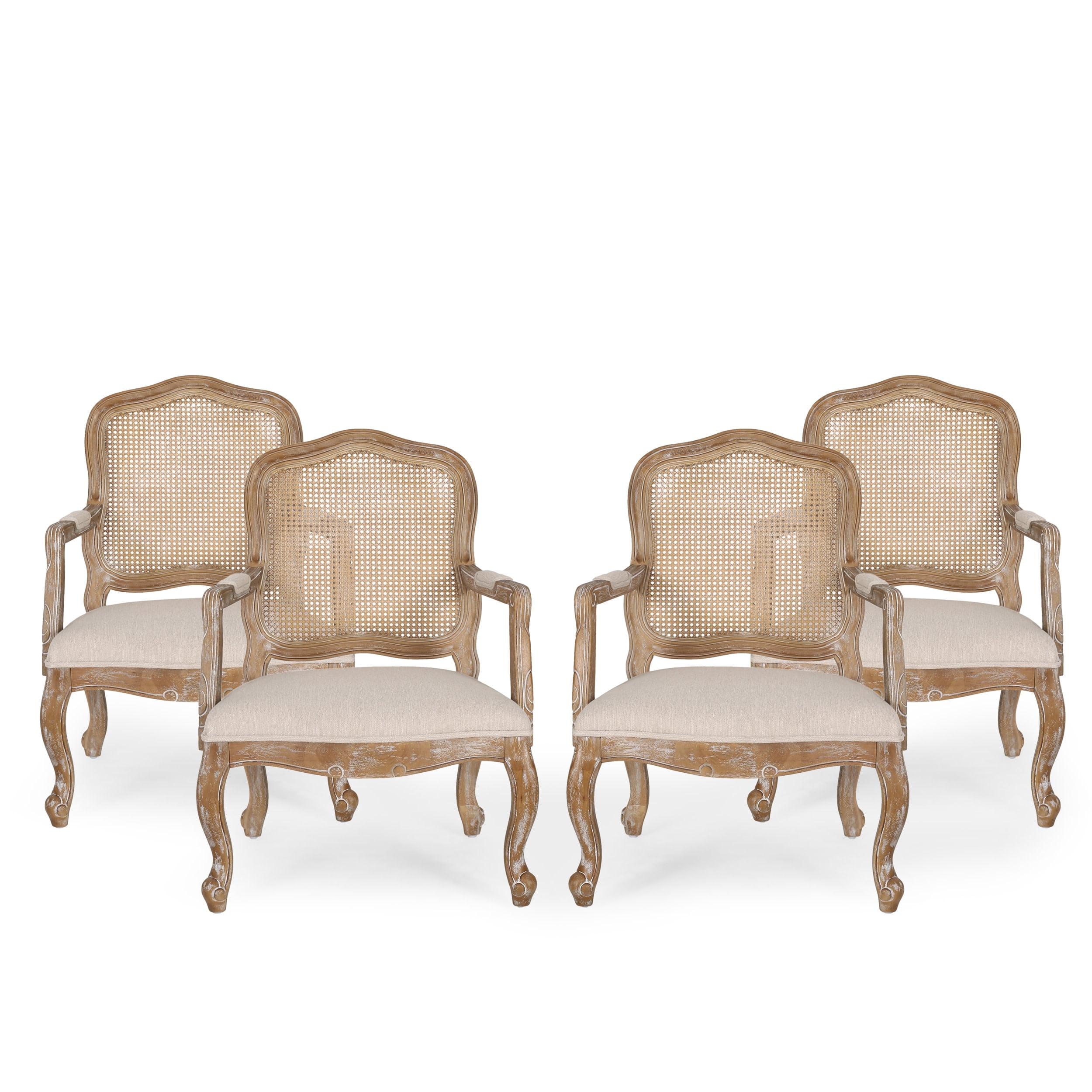 Beige Upholstered Wood and Cane Arm Chair, Set of 4