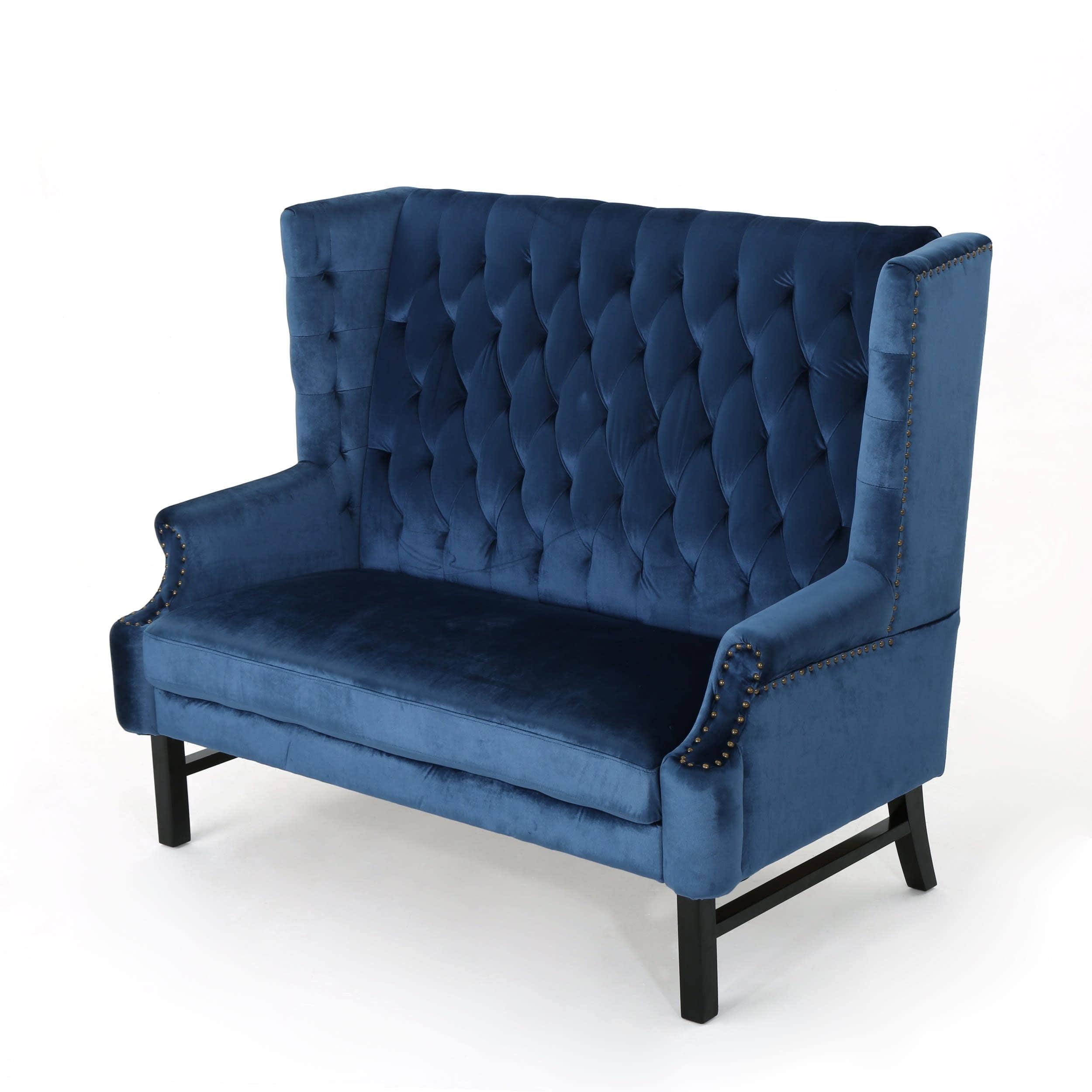 Cobalt Velvet Tufted Wingback Loveseat with Dark Brown Birch Legs