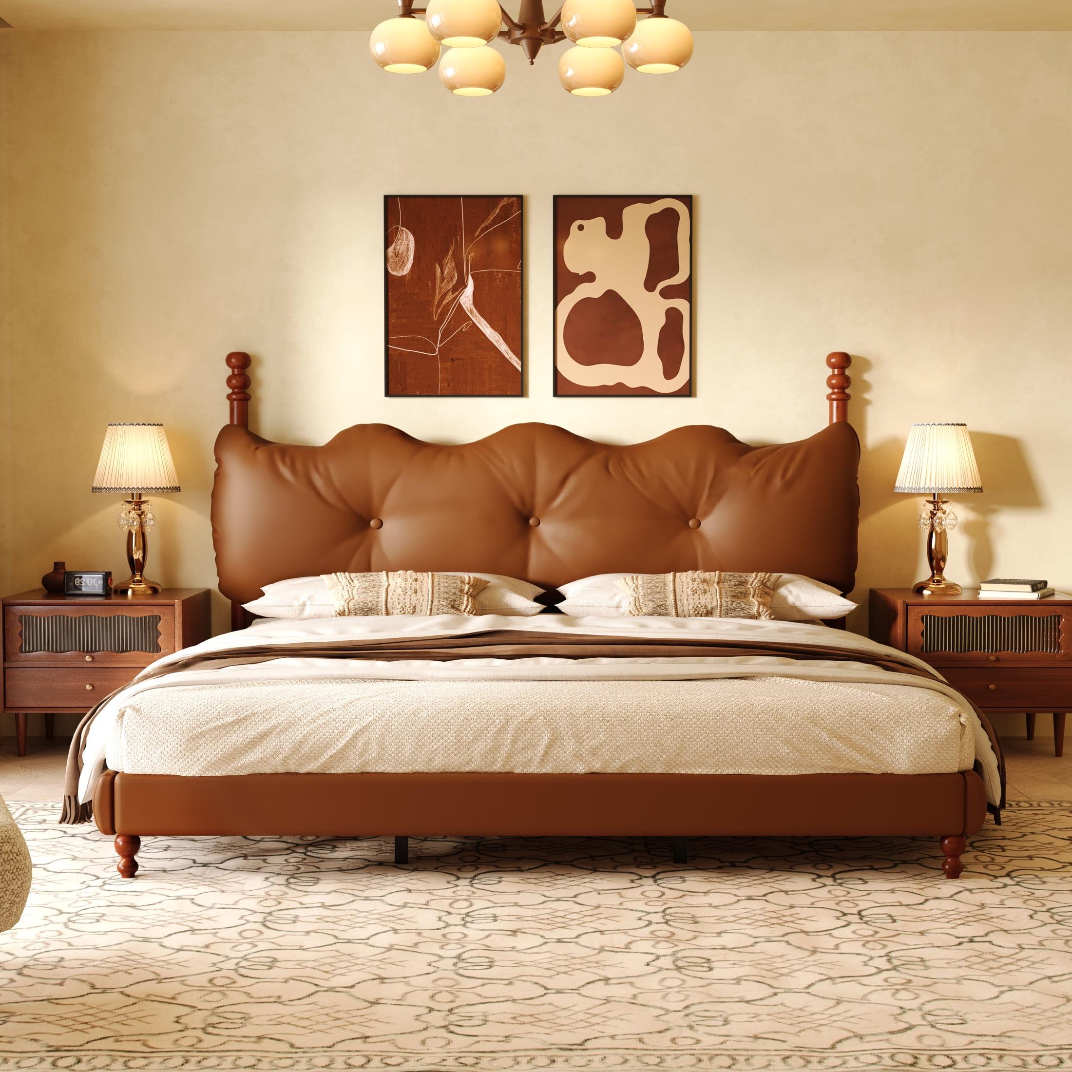 California King Coffee Faux Leather Upholstered Bed with Tufted Headboard