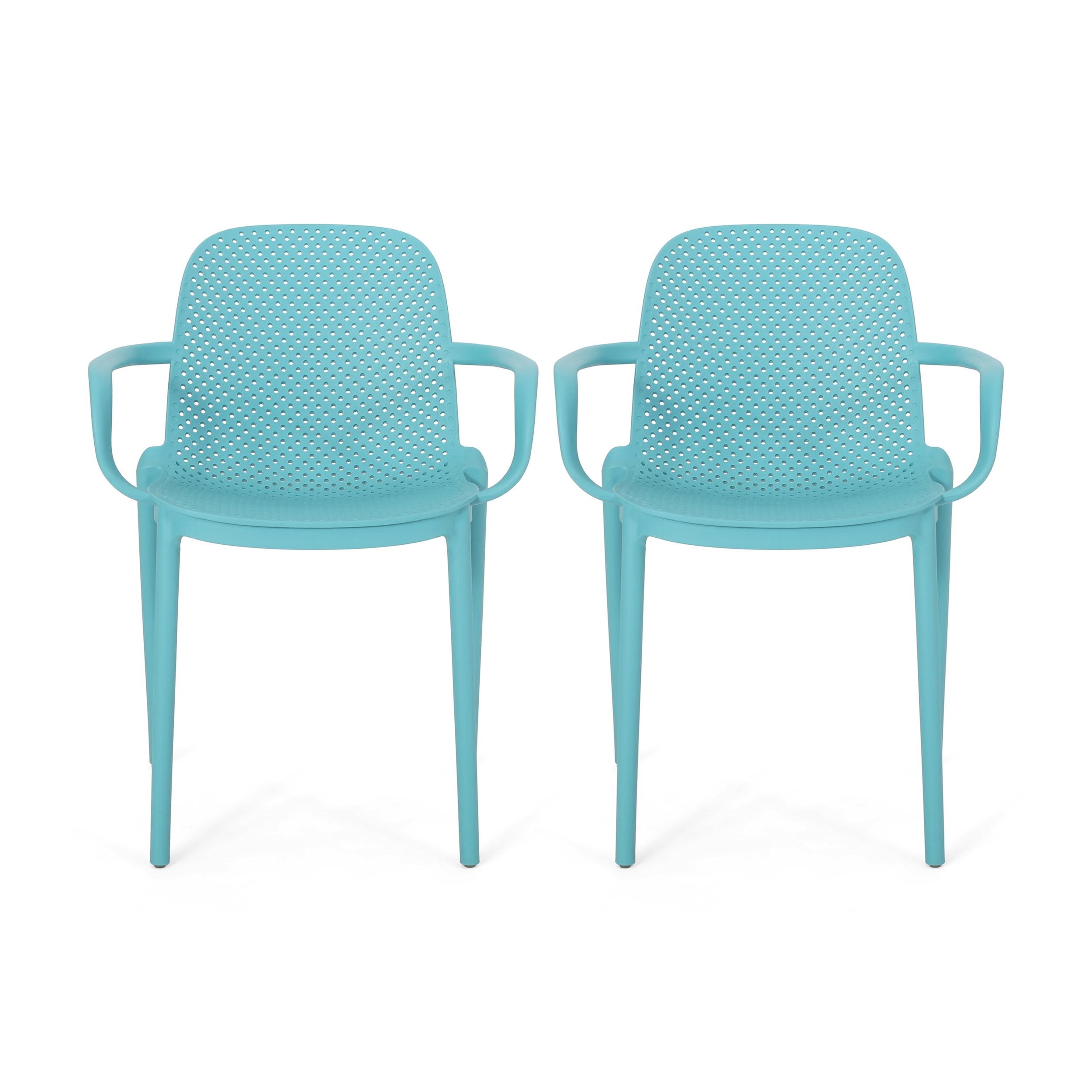 Noble House Gardenia Plastic Stacking Patio Dining Arm Chair in Teal (Set of 2)