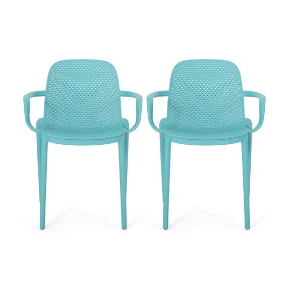Noble House Gardenia Plastic Stacking Patio Dining Arm Chair in Teal (Set of 2)