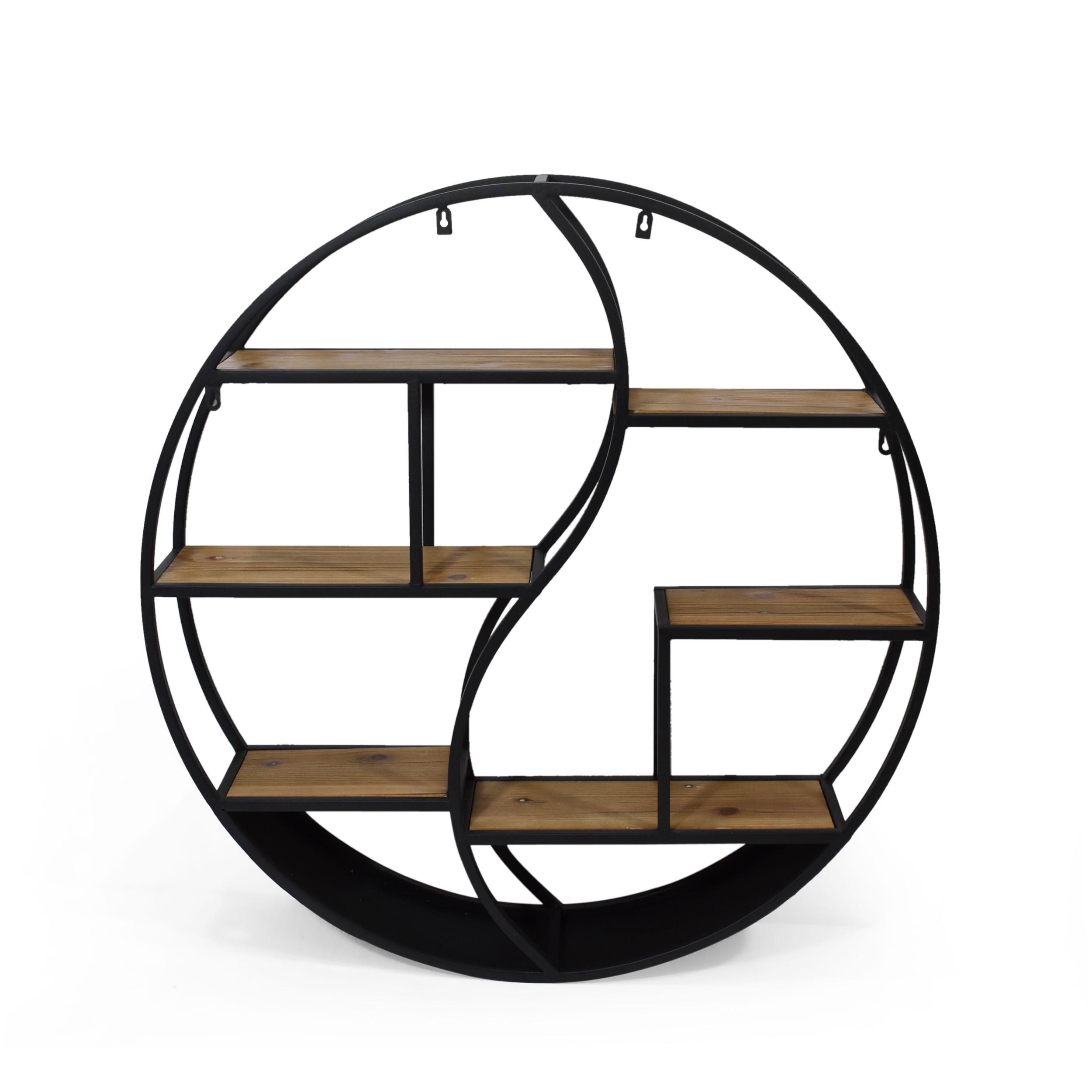 Modern Industrial Circular Iron and Fir Wood Wall Shelf - Black/Natural
