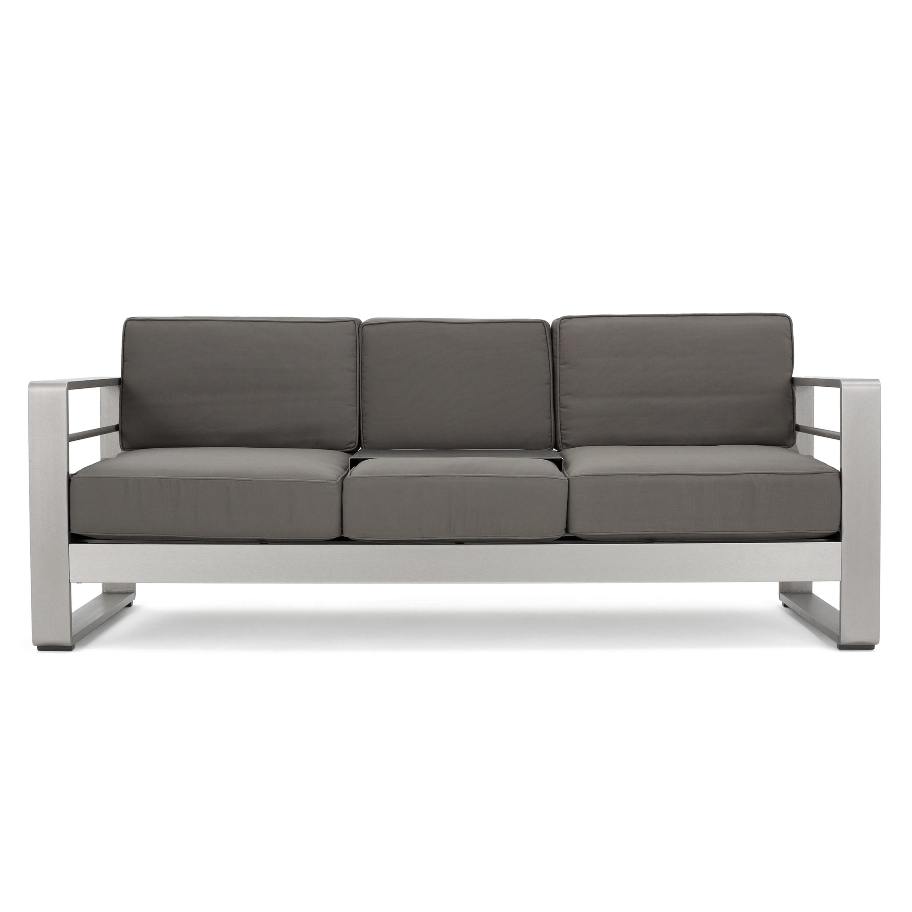 Silver Aluminum Three-Seater Outdoor Sofa with Gray Cushions