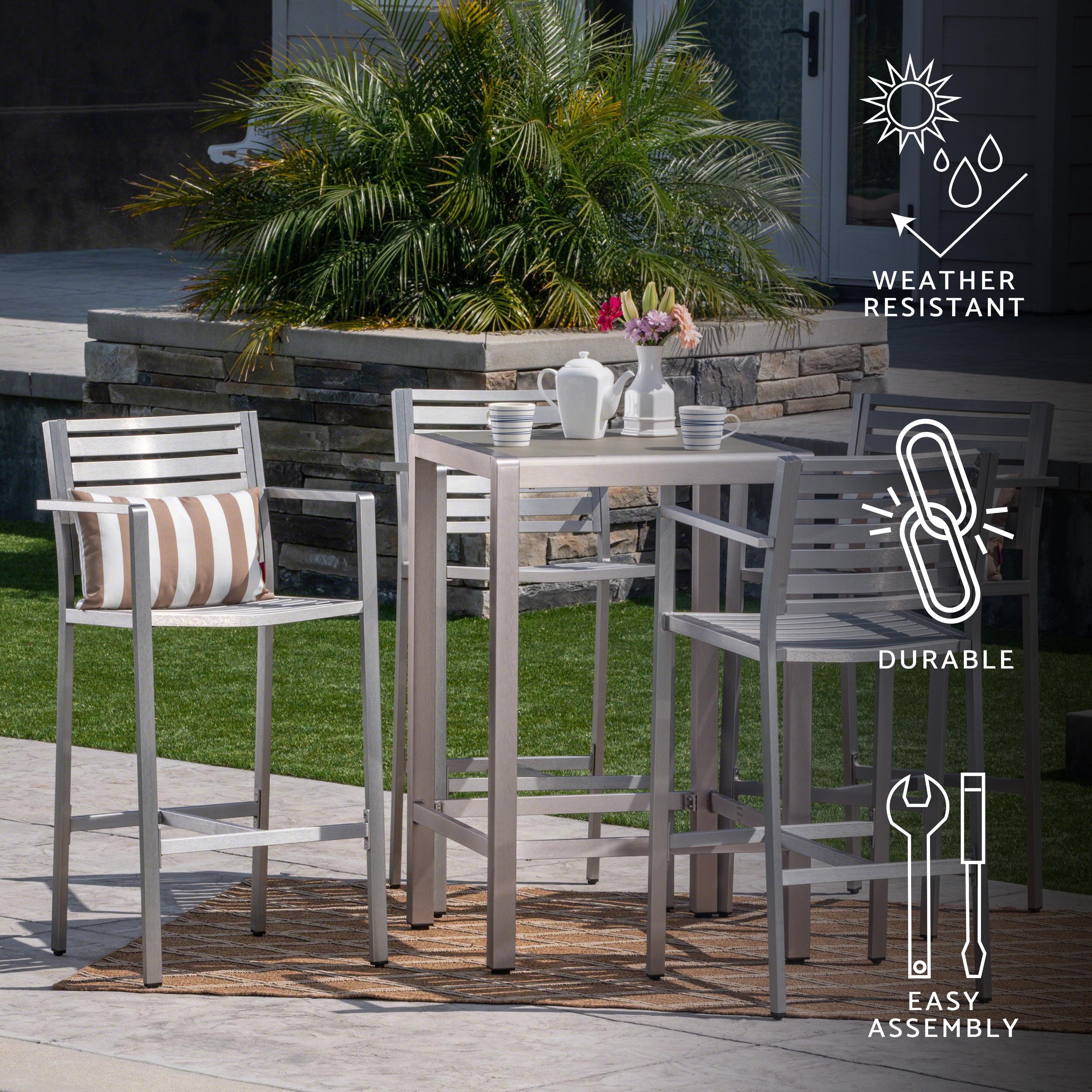 Silver Aluminum Outdoor Bar Set with Glass Top Table