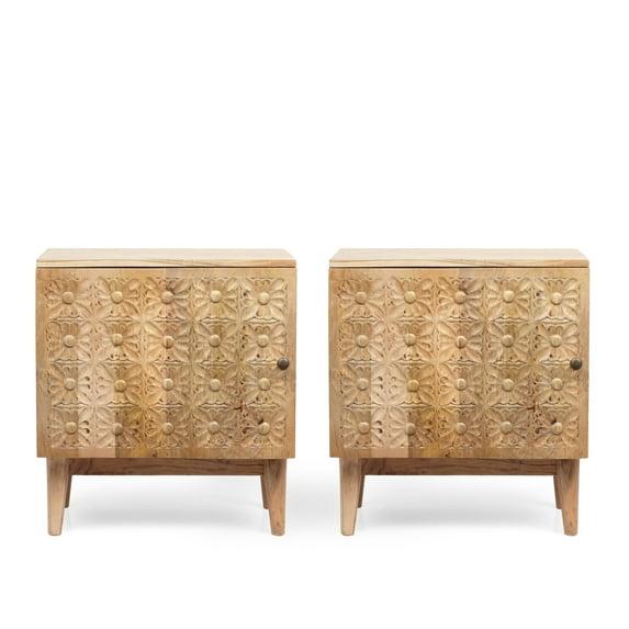 GDF Studio Dahlia Boho Handmade Acacia Wood Nightstand, Set of 2, Natural