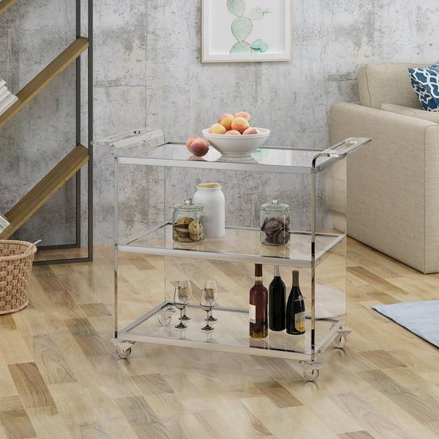 Yves Acrylic Bar Trolley Clear - Christopher Knight Home: Tempered Glass Shelves, Modern Serving Cart with Casters/Wheels