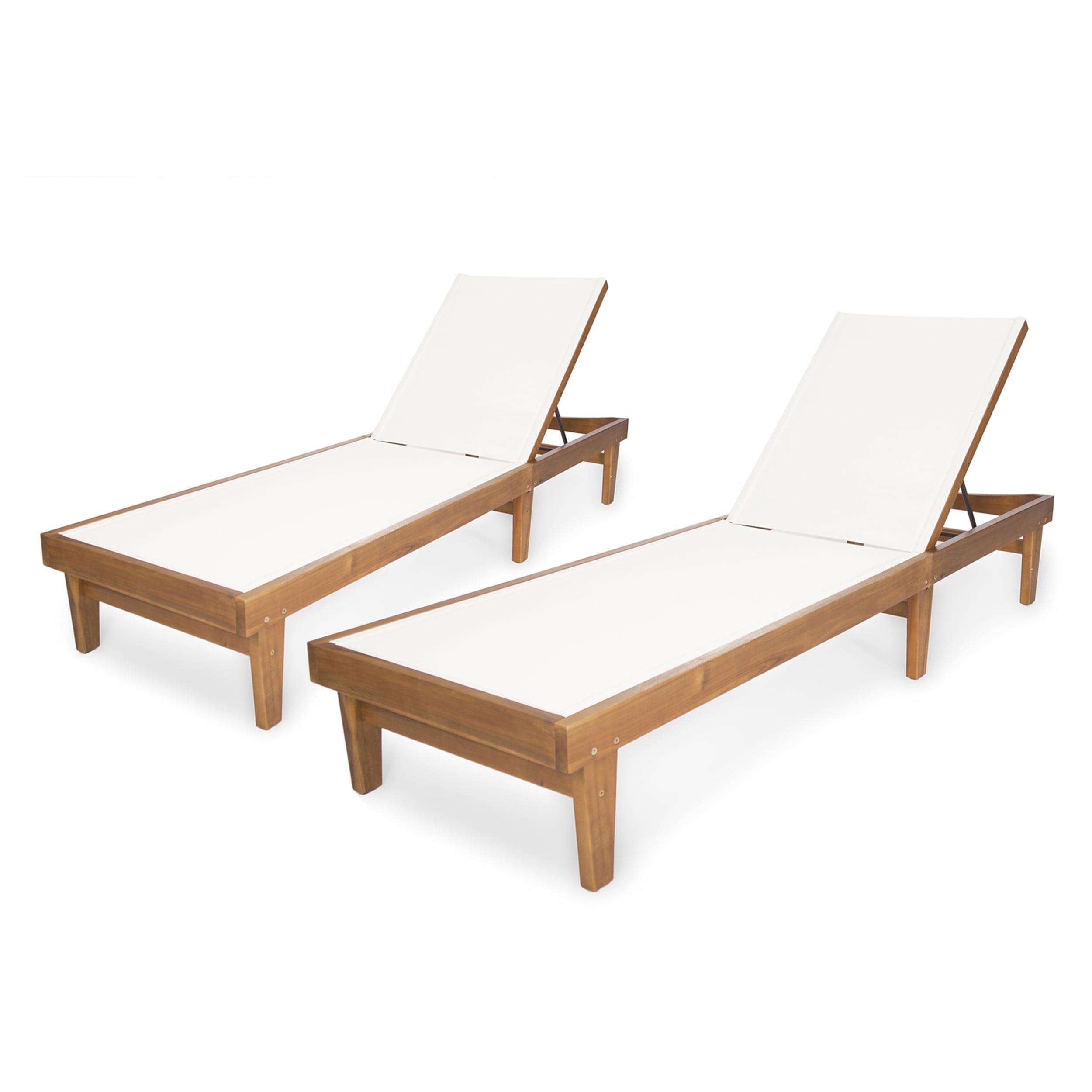 Teak and White Mesh Armless Adjustable Outdoor Chaise Lounges, Set of 2