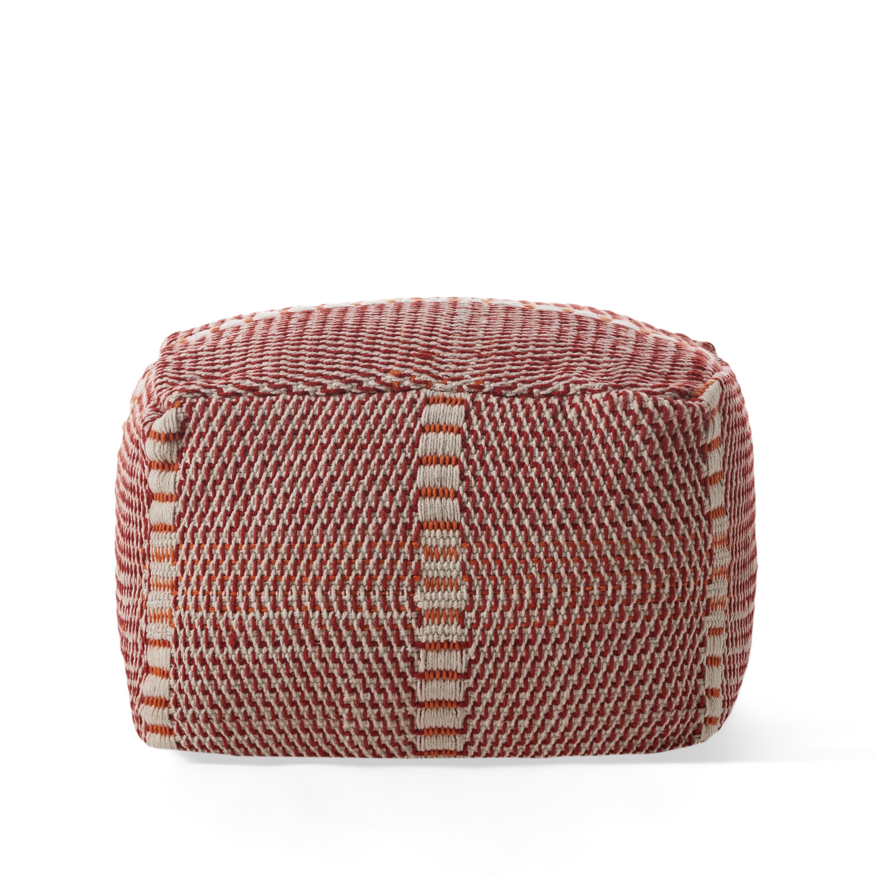 Handmade Boho Water-Resistant Red & Orange Rectangular Pouf