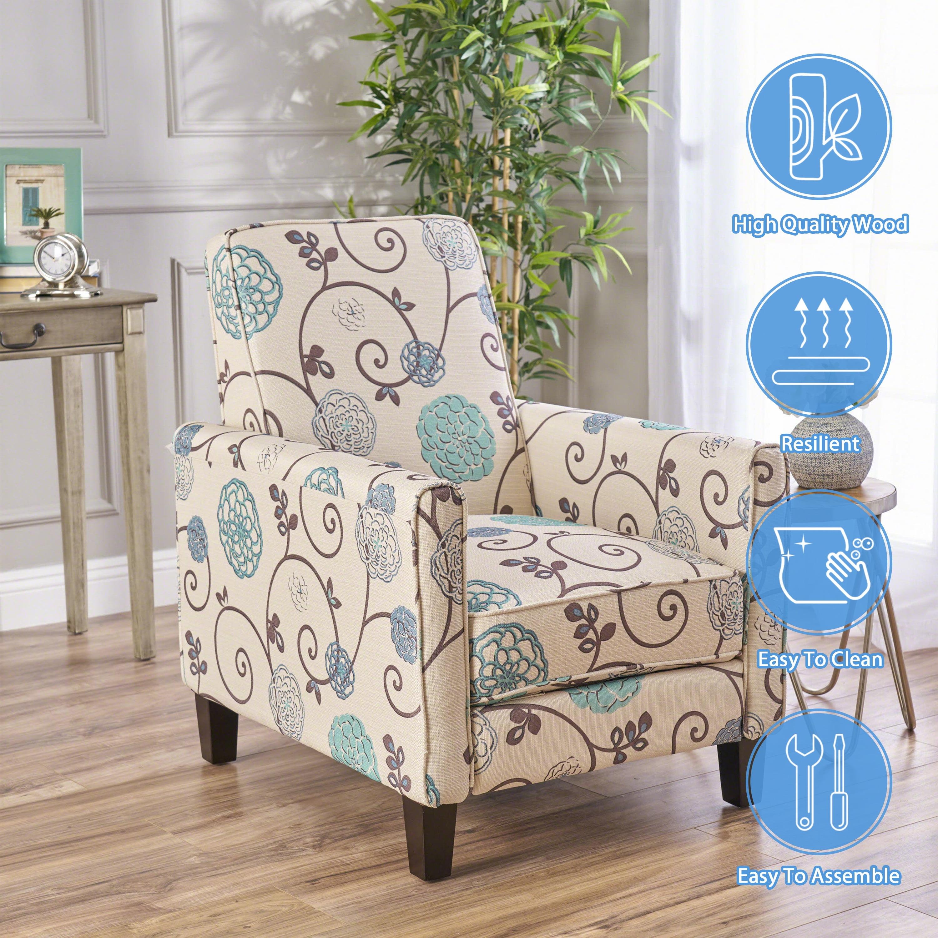 Birch Wood Blue Floral Leather Petite Recliner