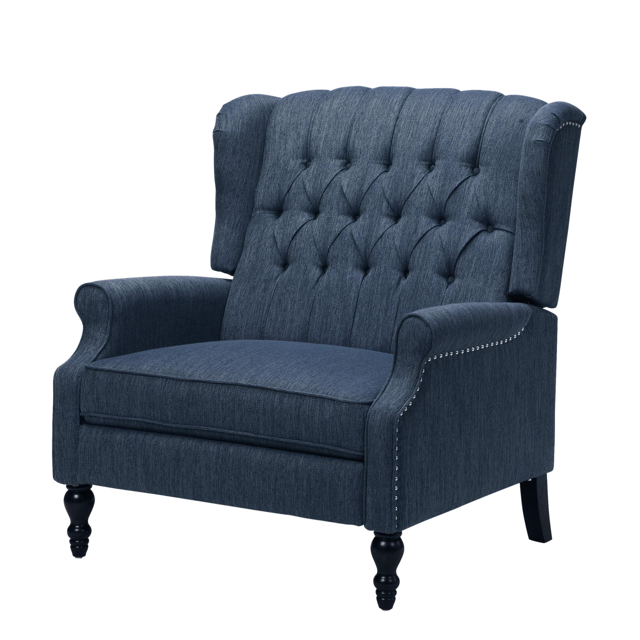 Handcrafted Navy Blue Oversized Wingback Recliner with Wood Accents