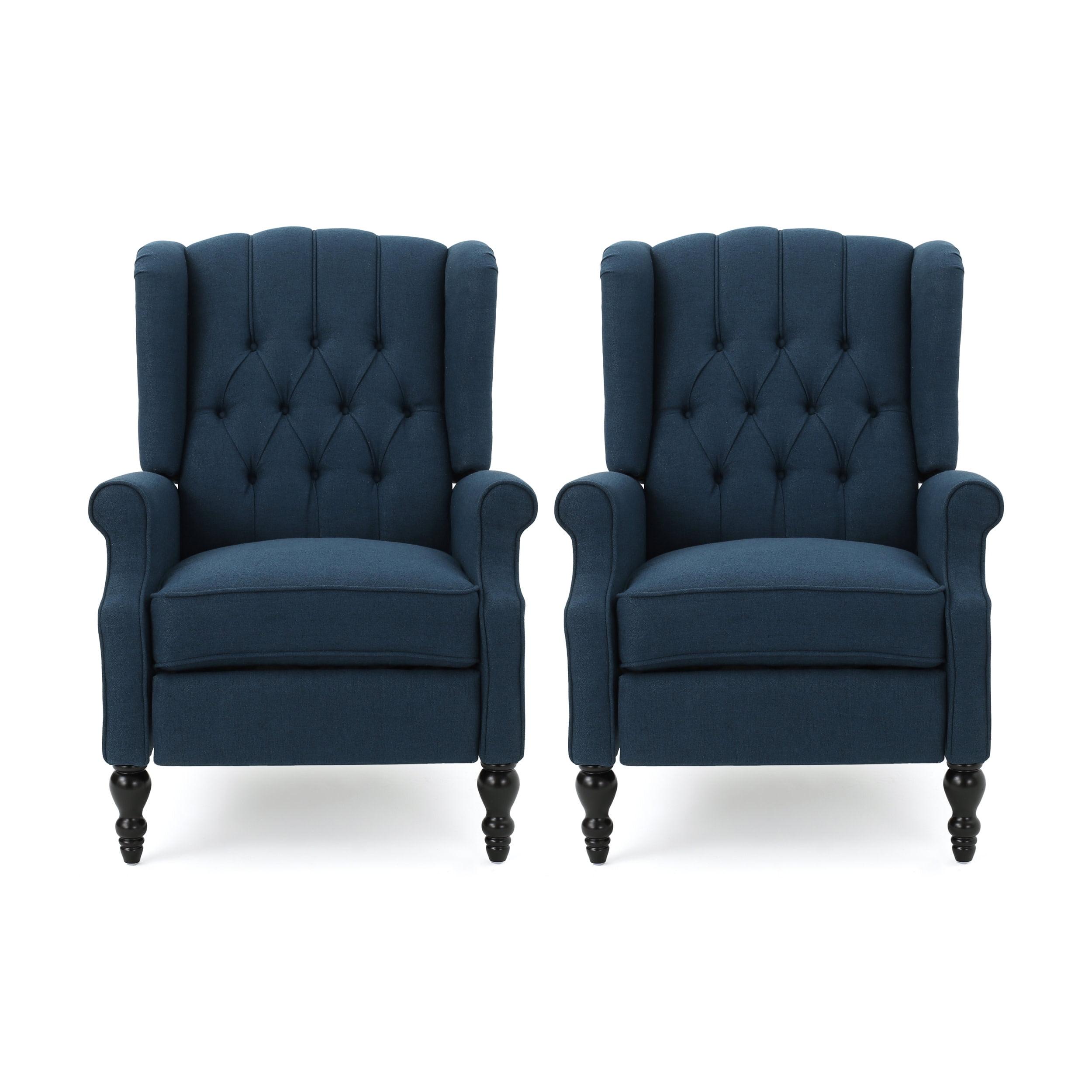 GDF Studio Elizabeth Contemporary Tufted Wingback Pushback Recliner, Set of 2, Navy Blue Fabric and Dark Brown