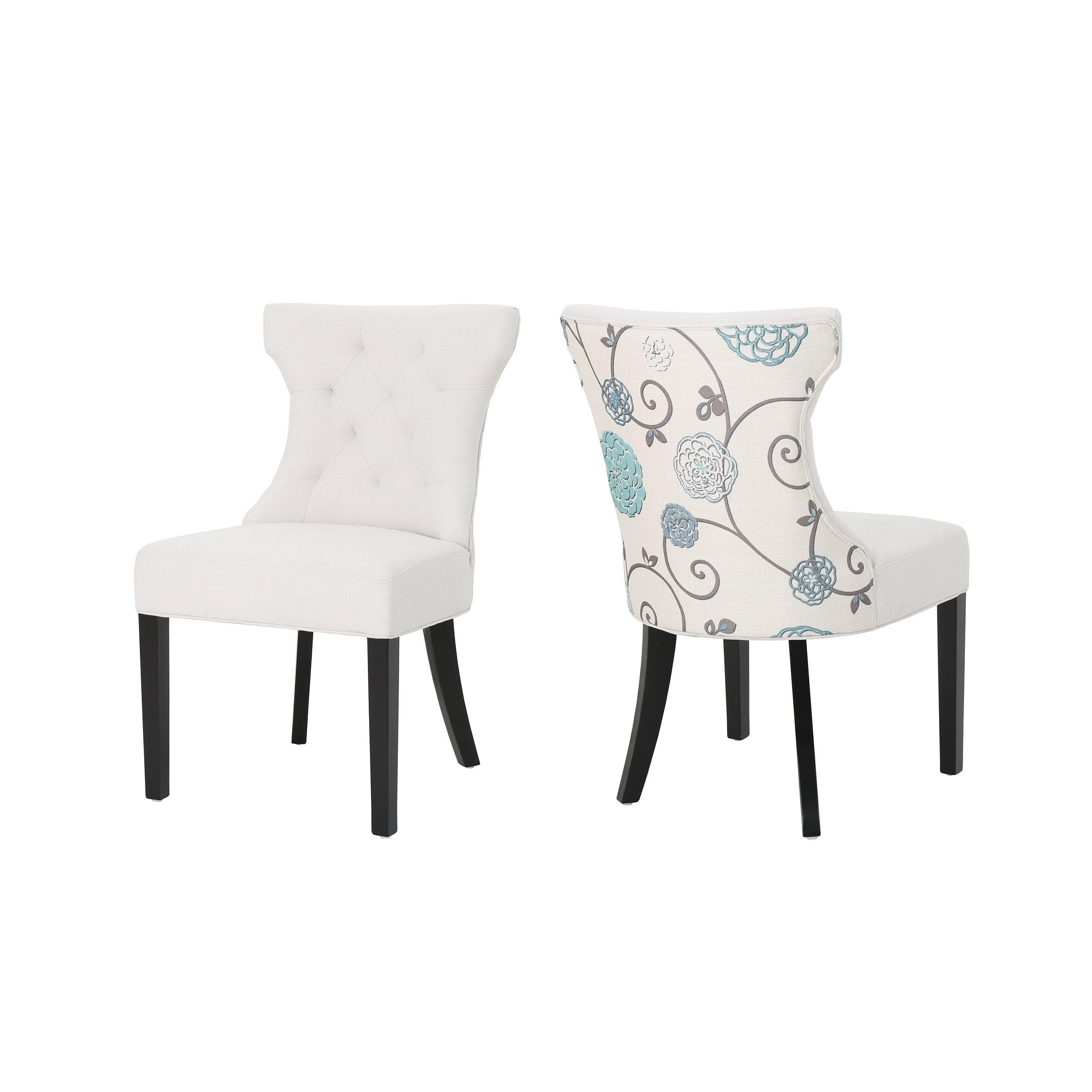 Ivory and Blue Floral Upholstered Dining Chairs, Set of 2