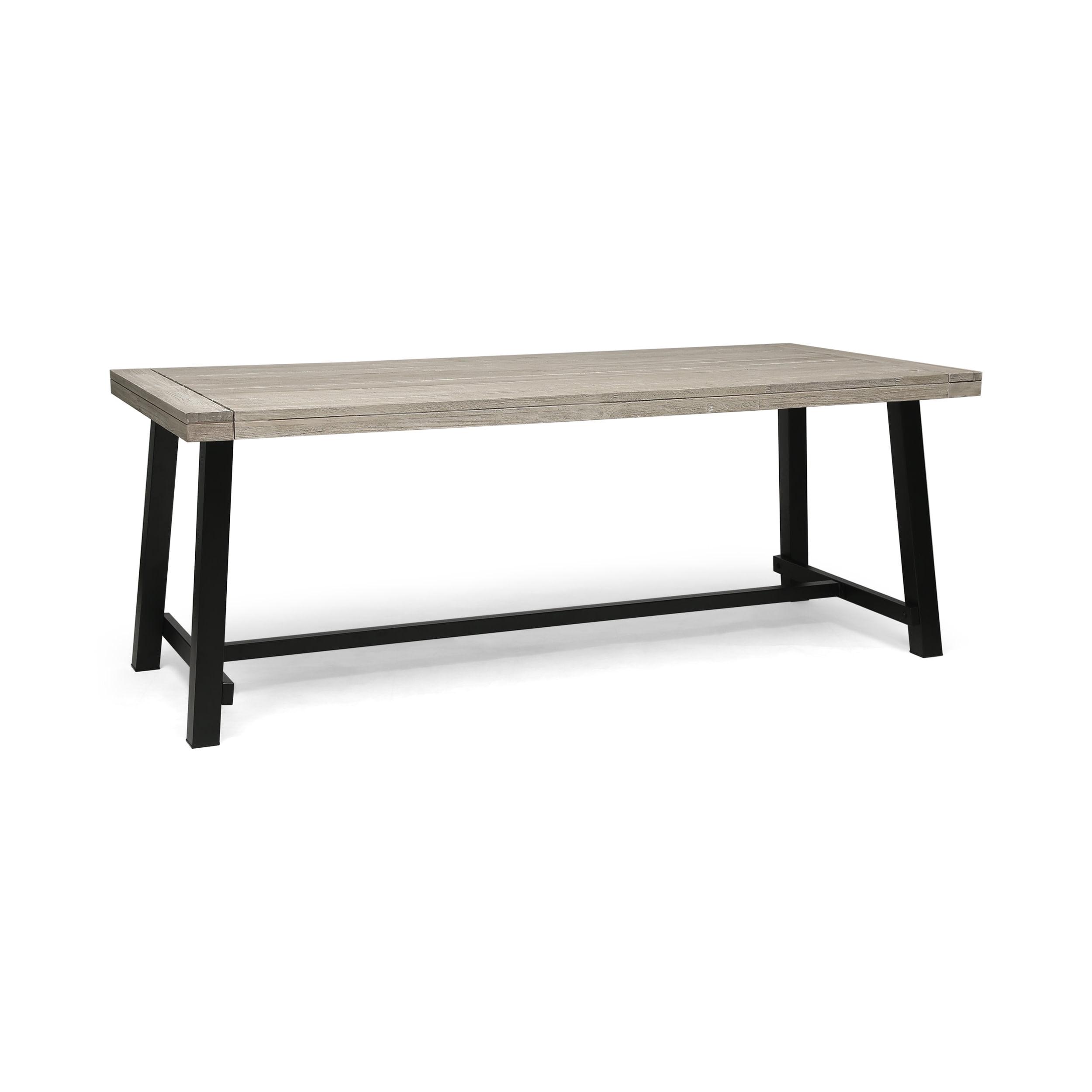 Sleek Acacia Wood & Metal Frame Outdoor Dining Table, Light Gray/Black