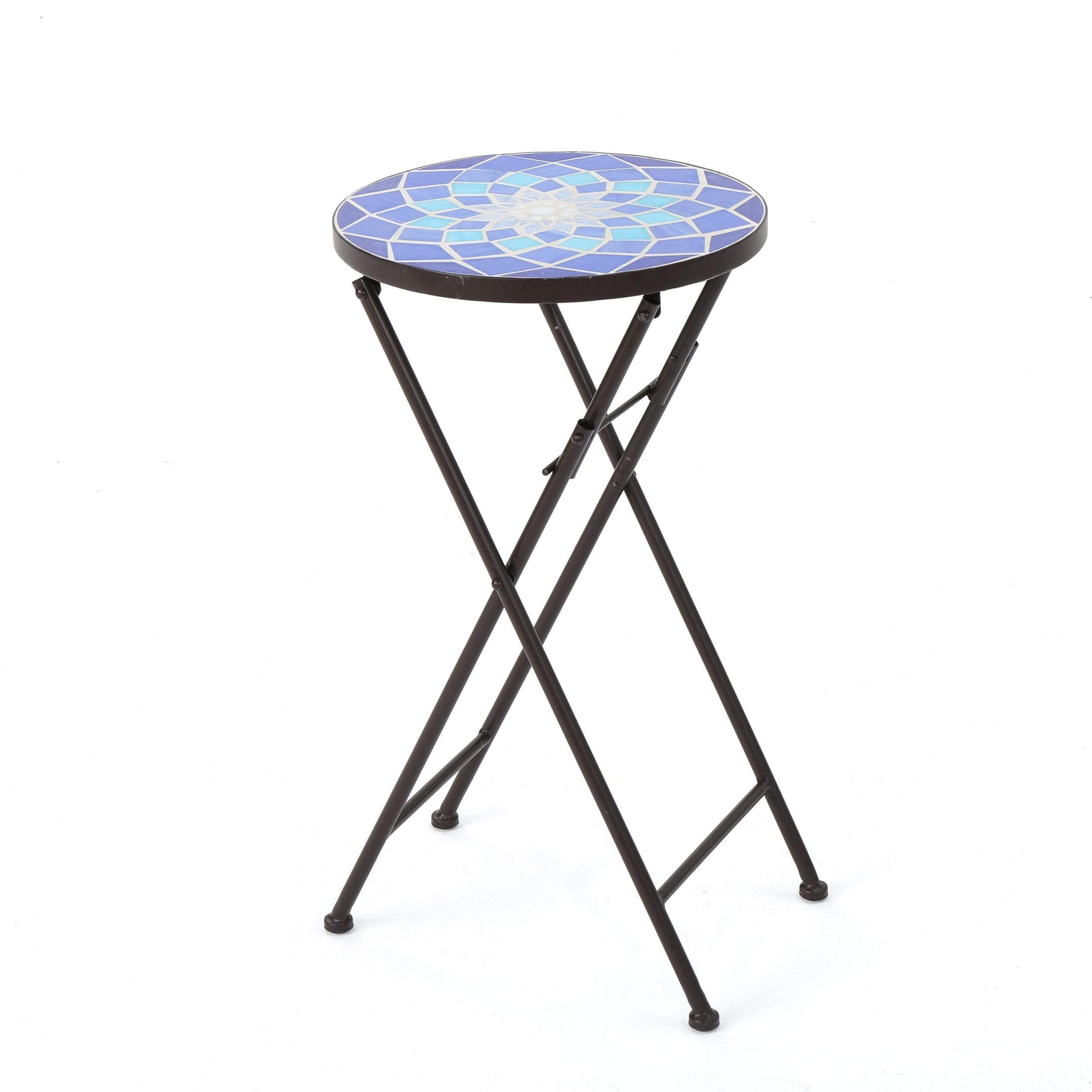 Fleur De Lis Living Folding Blue and White Top Side Table with Iron Frame, Multifunctional Plant or Beverage Stand