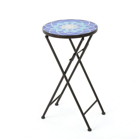 Fleur De Lis Living Folding Blue and White Top Side Table with Iron Frame, Multifunctional Plant or Beverage Stand
