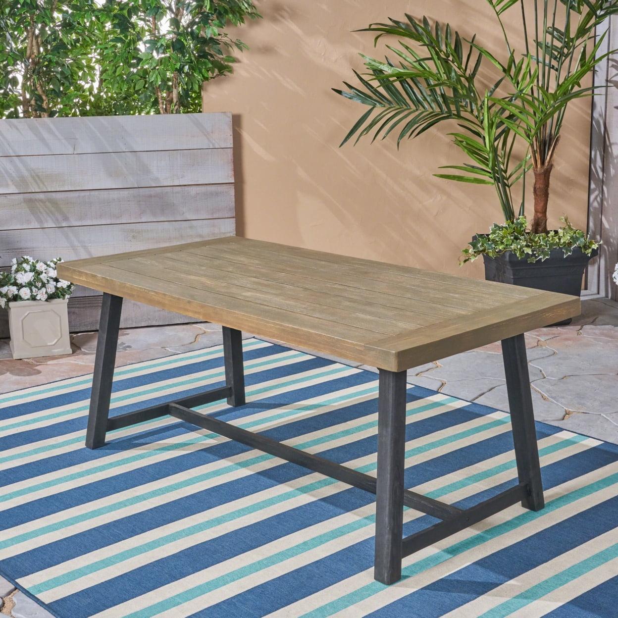 Acacia Wood Rectangular Outdoor Dining Table in Sandblasted Gray and Black