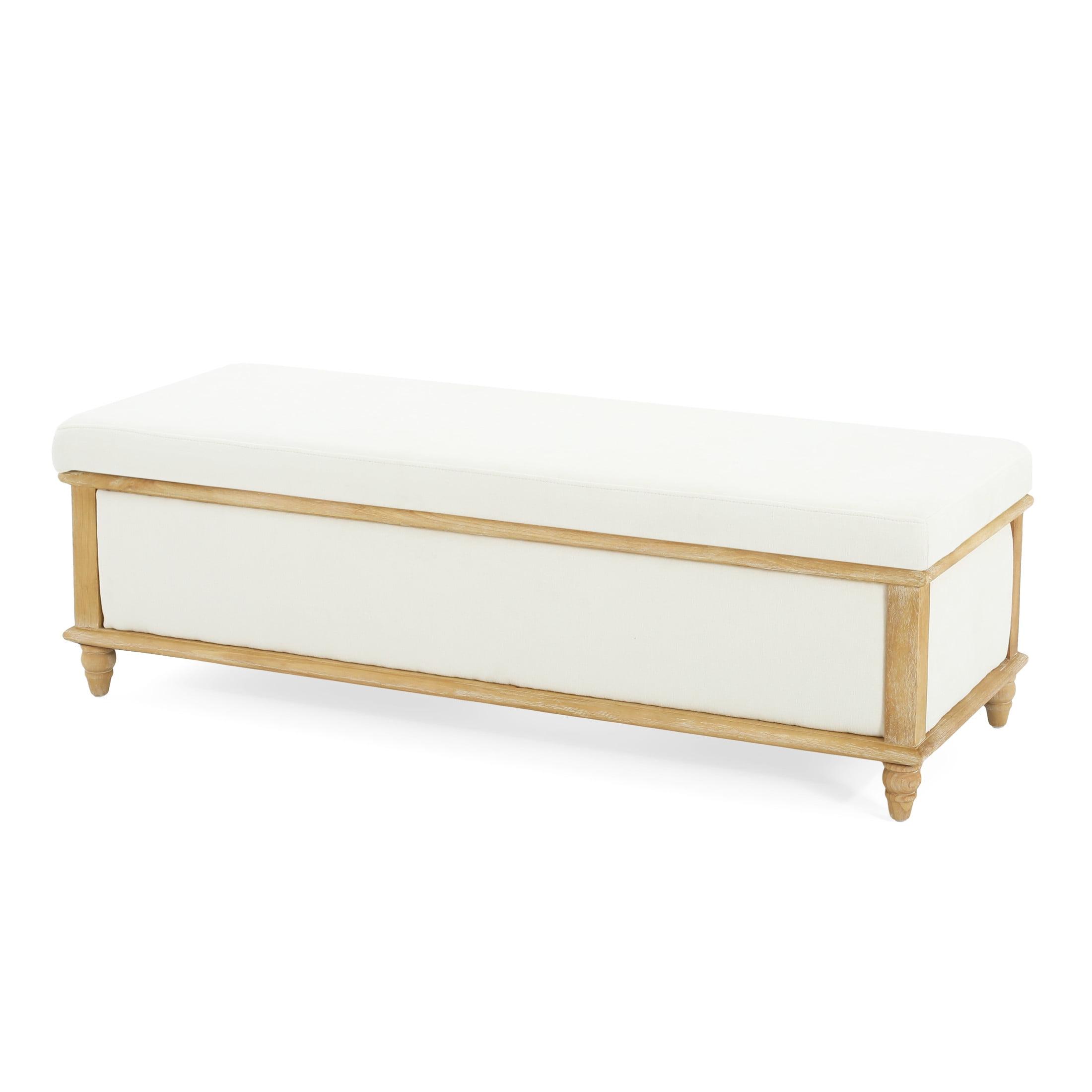 GDF Studio French Country Fabric Storage Ottoman Bench with Weathered Wood Frame, White
