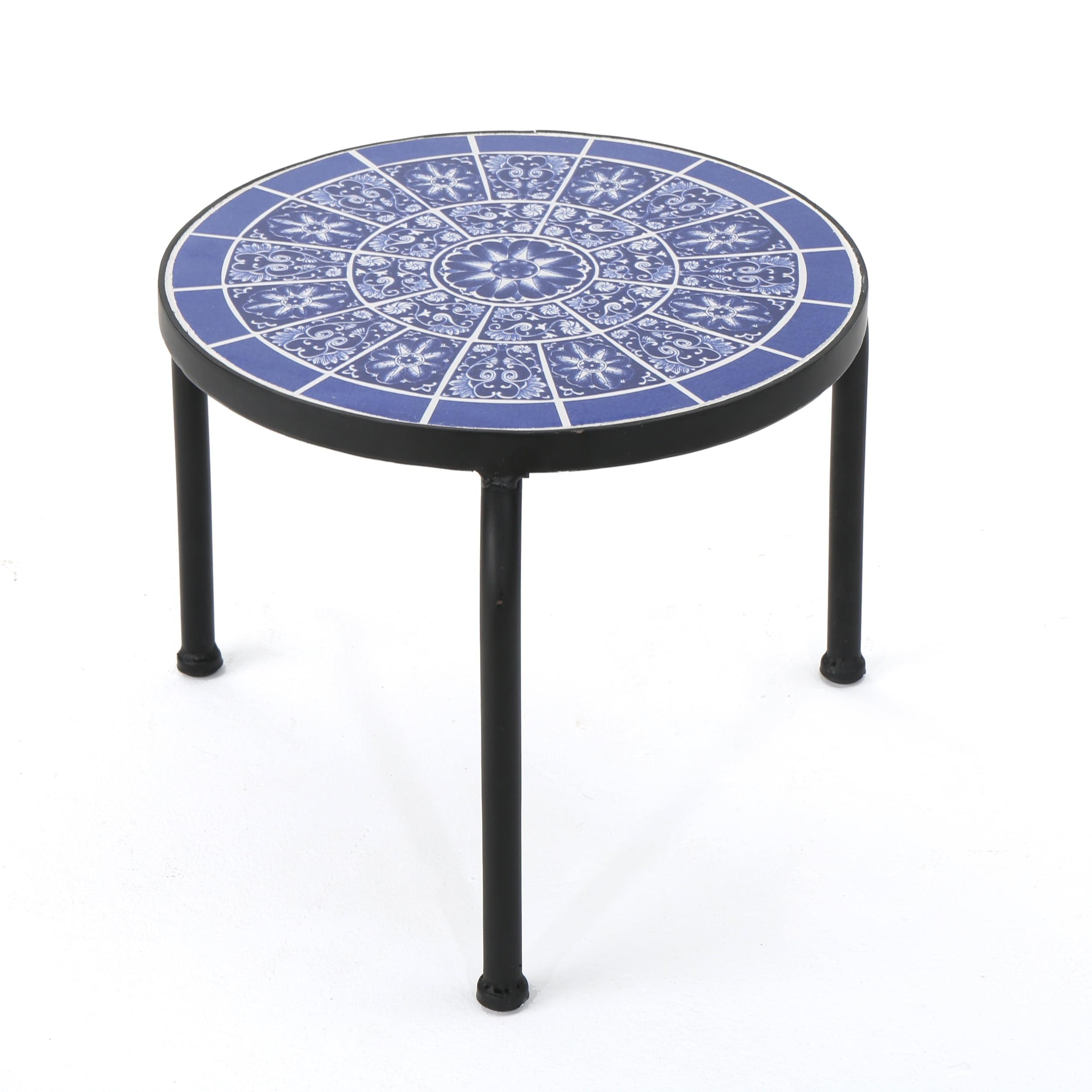 Soleil Blue & White Ceramic Tile Iron Outdoor Side Table