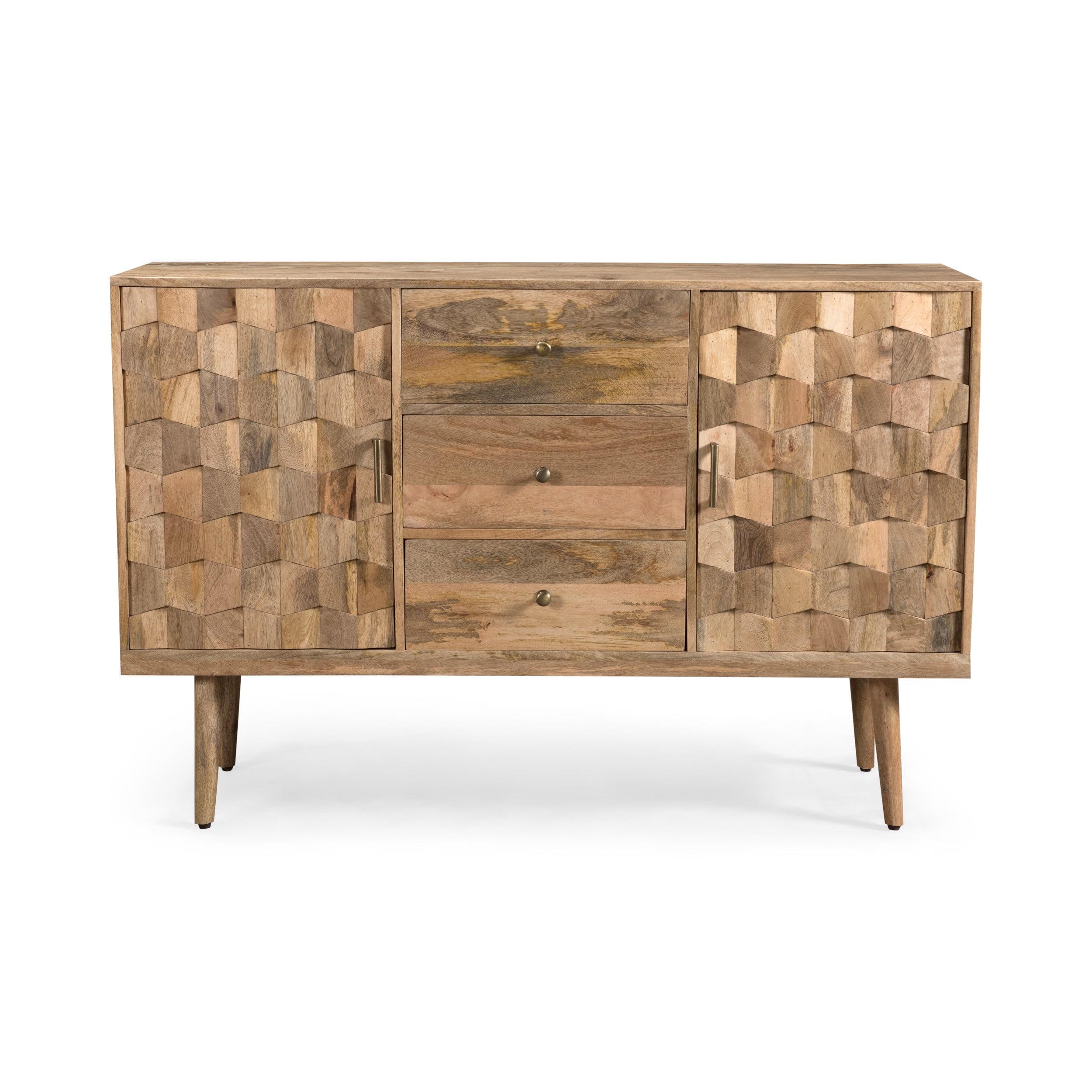 Natural Mango Wood Mid-Century Modern Sideboard with 3D Design