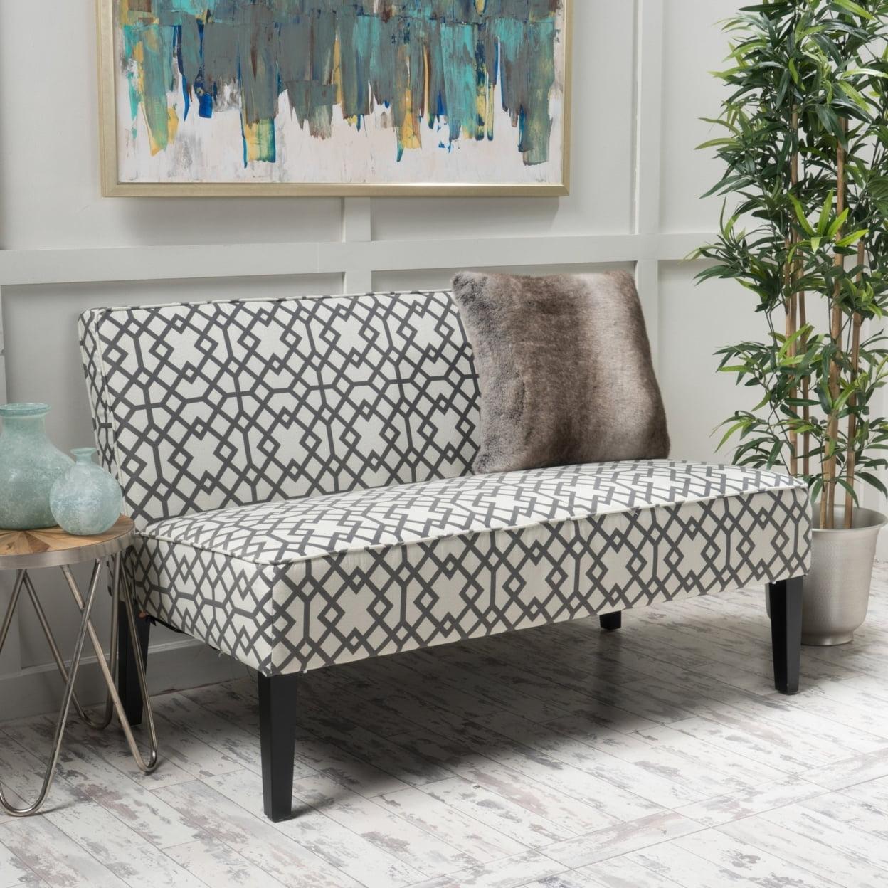 Gray Geometric Fabric Loveseat with Matte Black Birch Legs