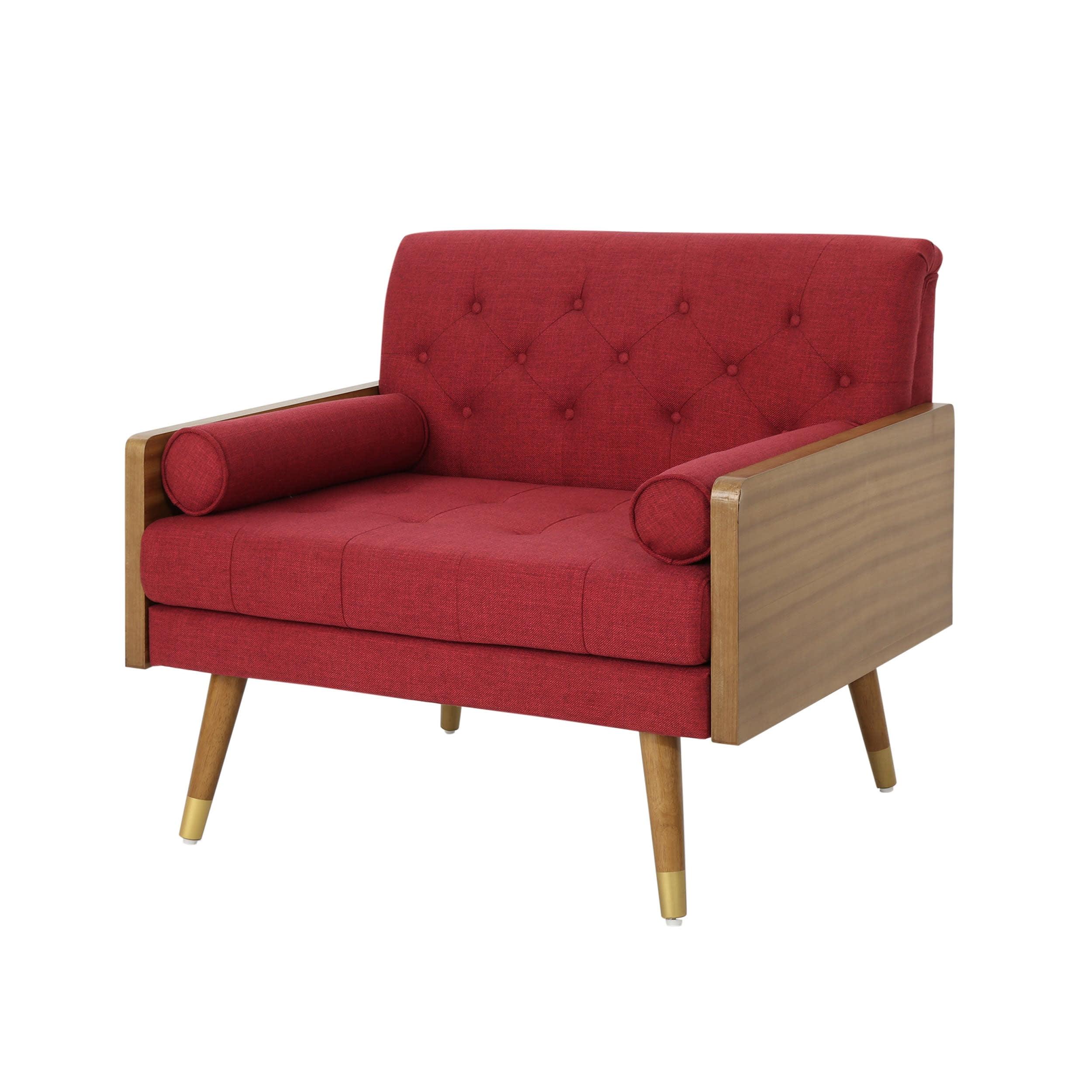 Frankie Plush Red Rubberwood Mid-Century Modern Club Chair