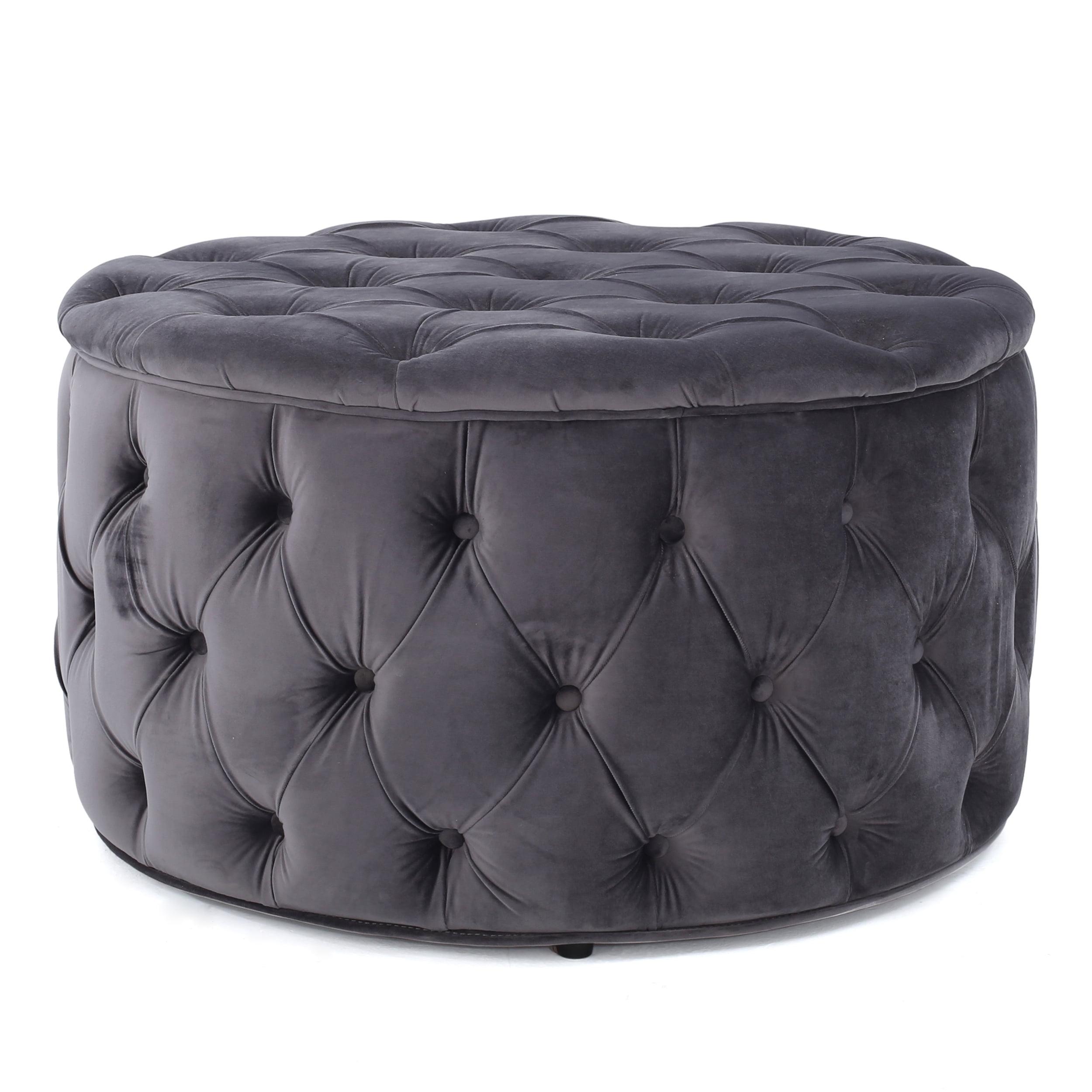 Gray Velvet Tufted Round Ottoman with Button Detailing