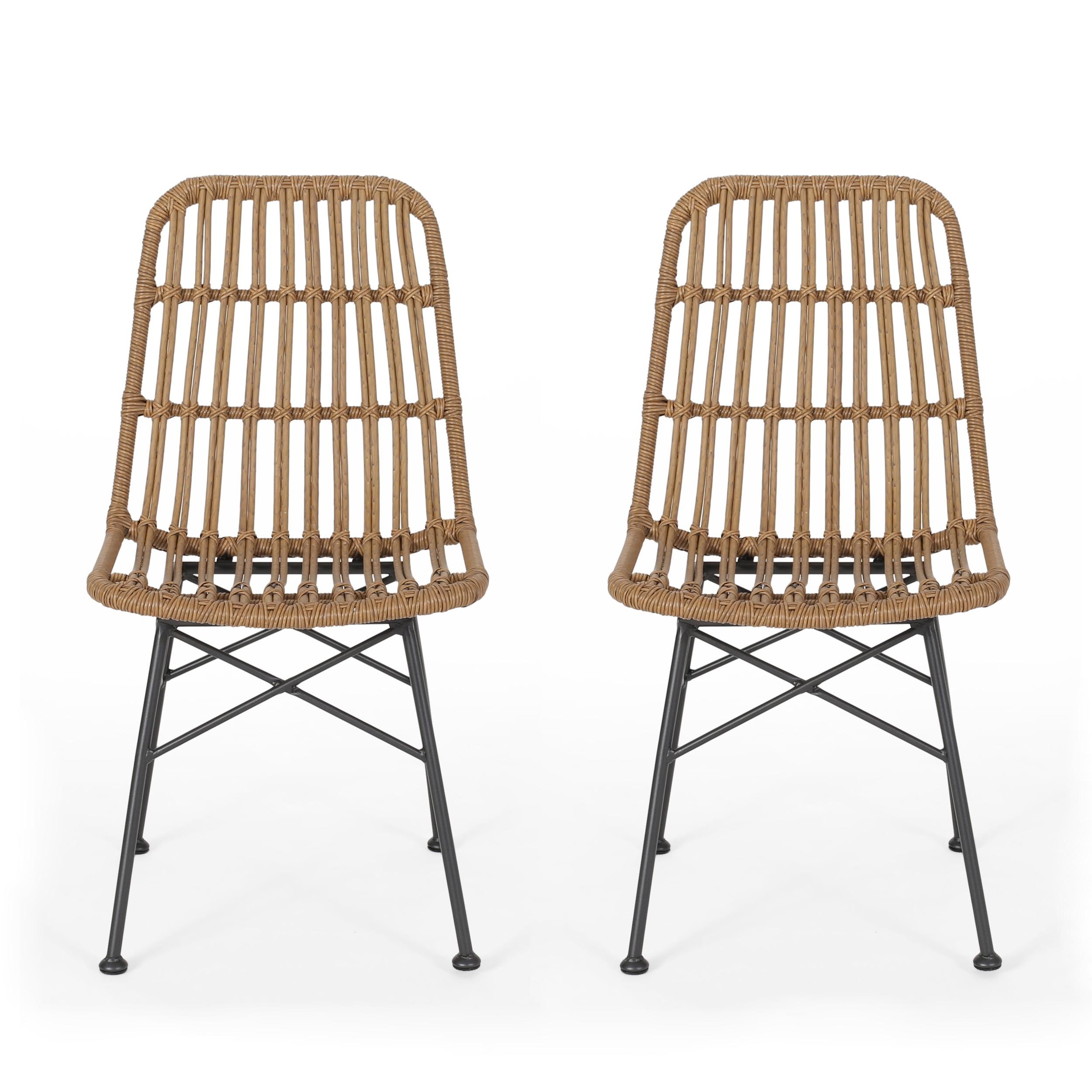 GDFStudio Braymer Outdoor Wicker and Iron Dining Chairs (Set of 2), Light Brown