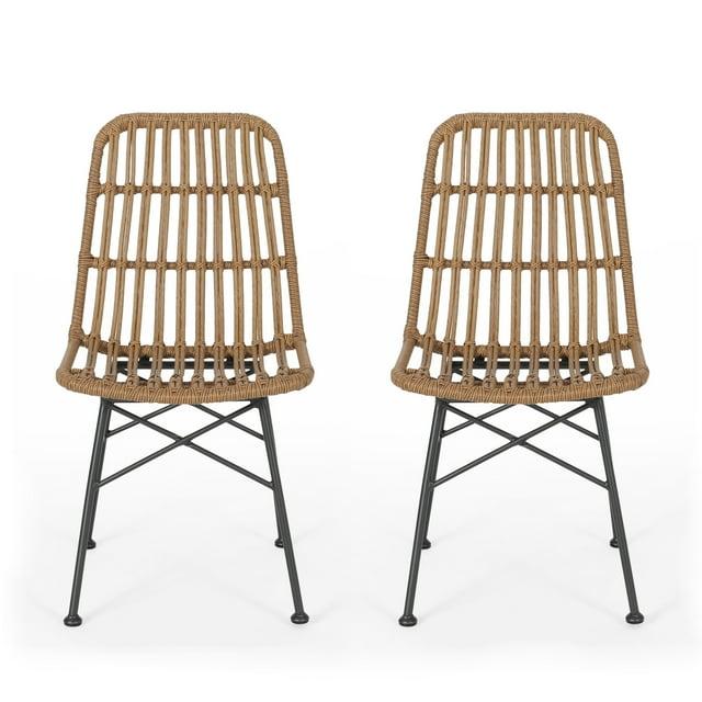 GDFStudio Braymer Outdoor Wicker and Iron Dining Chairs (Set of 2), Light Brown