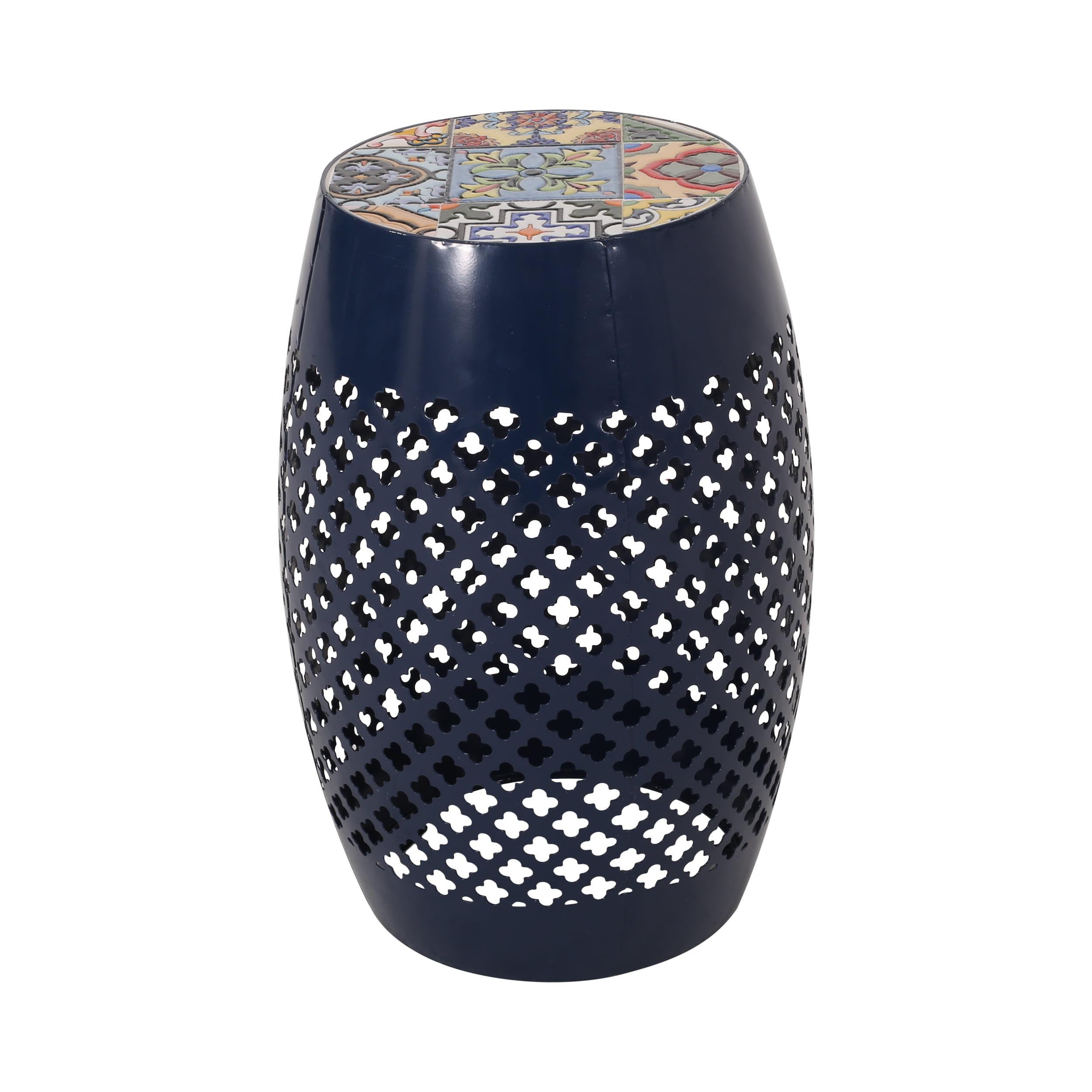 GDF Studio Kalyse Outdoor Lace Cut Side Table with Tile Top, Dark Blue and Multicolored