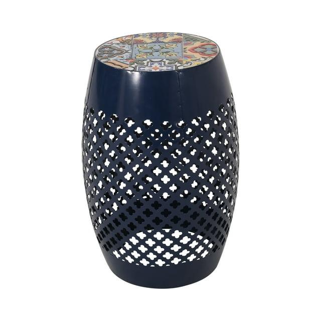 GDF Studio Kalyse Outdoor Lace Cut Side Table with Tile Top, Dark Blue and Multicolored