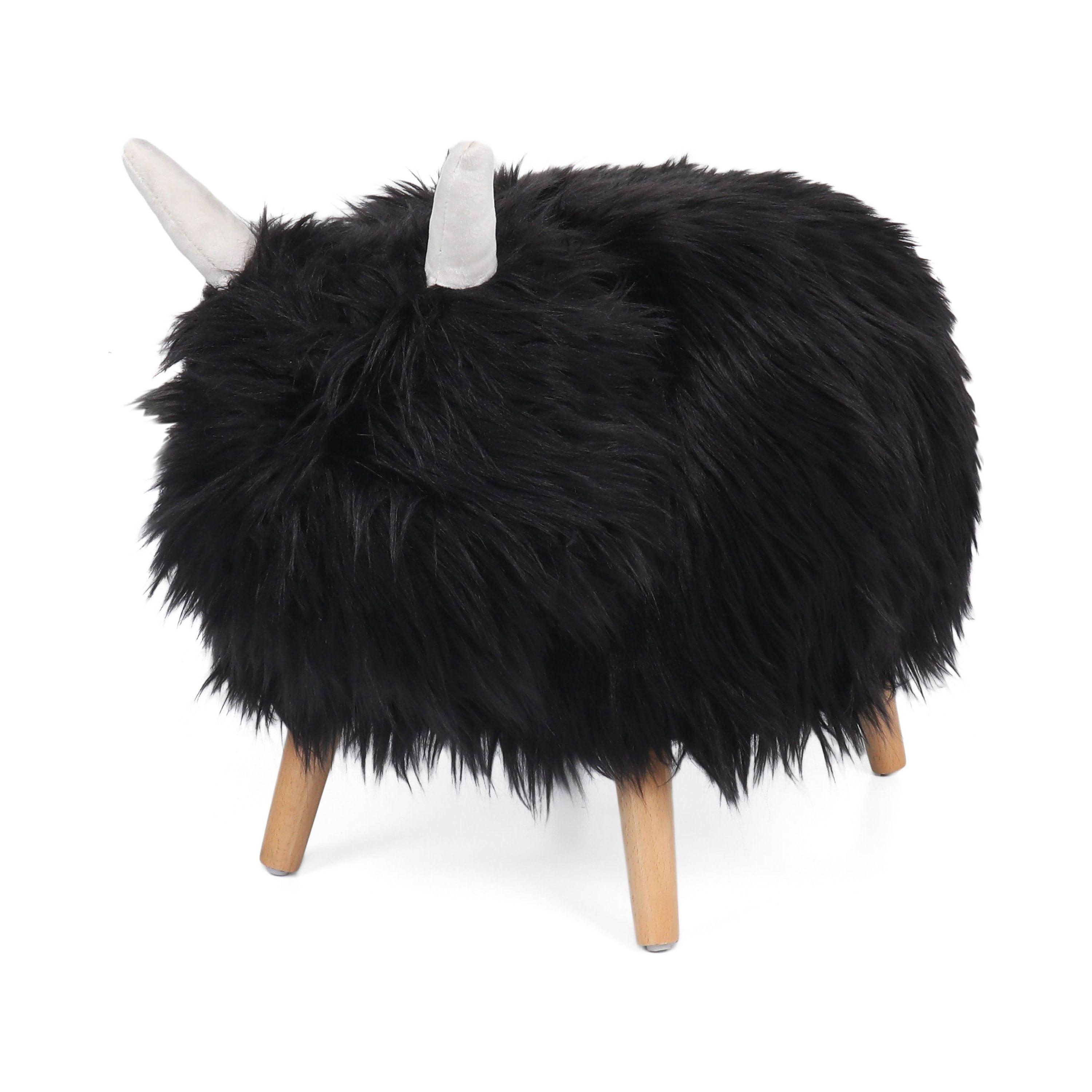 Kamla Black Faux Fur Yak Ottoman with Rubberwood Legs