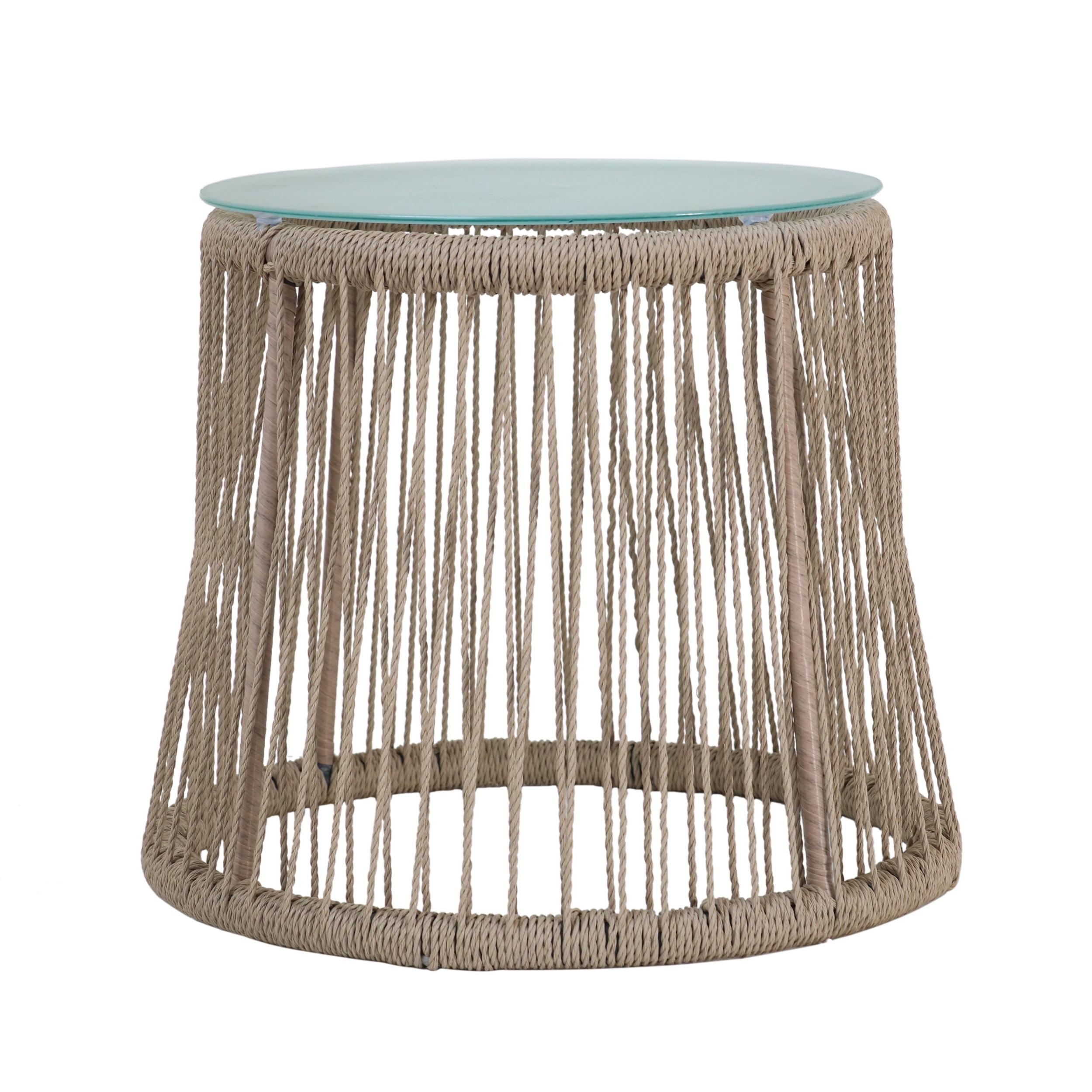 Bohemian Chic Round Side Table with Tempered Glass Top and Rope Detail